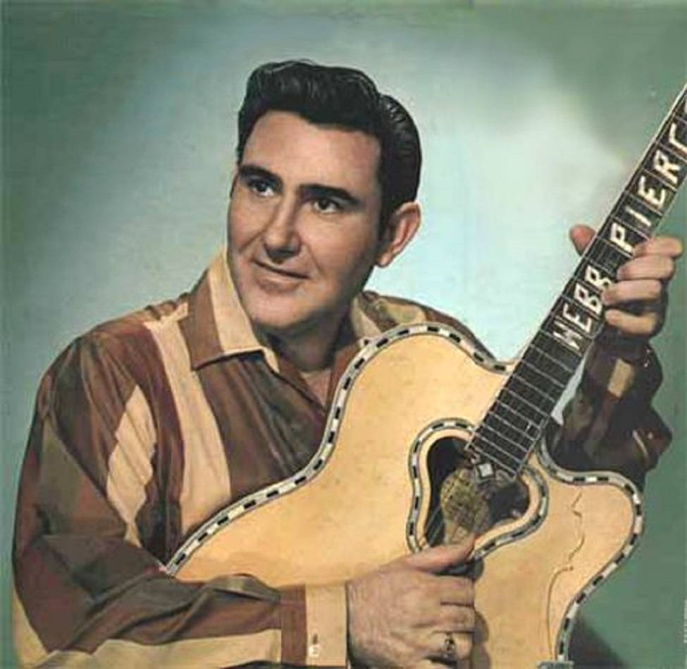 Webb Pierce, signature guitar, teal studio backdrop, SD Desktop Wallpaper