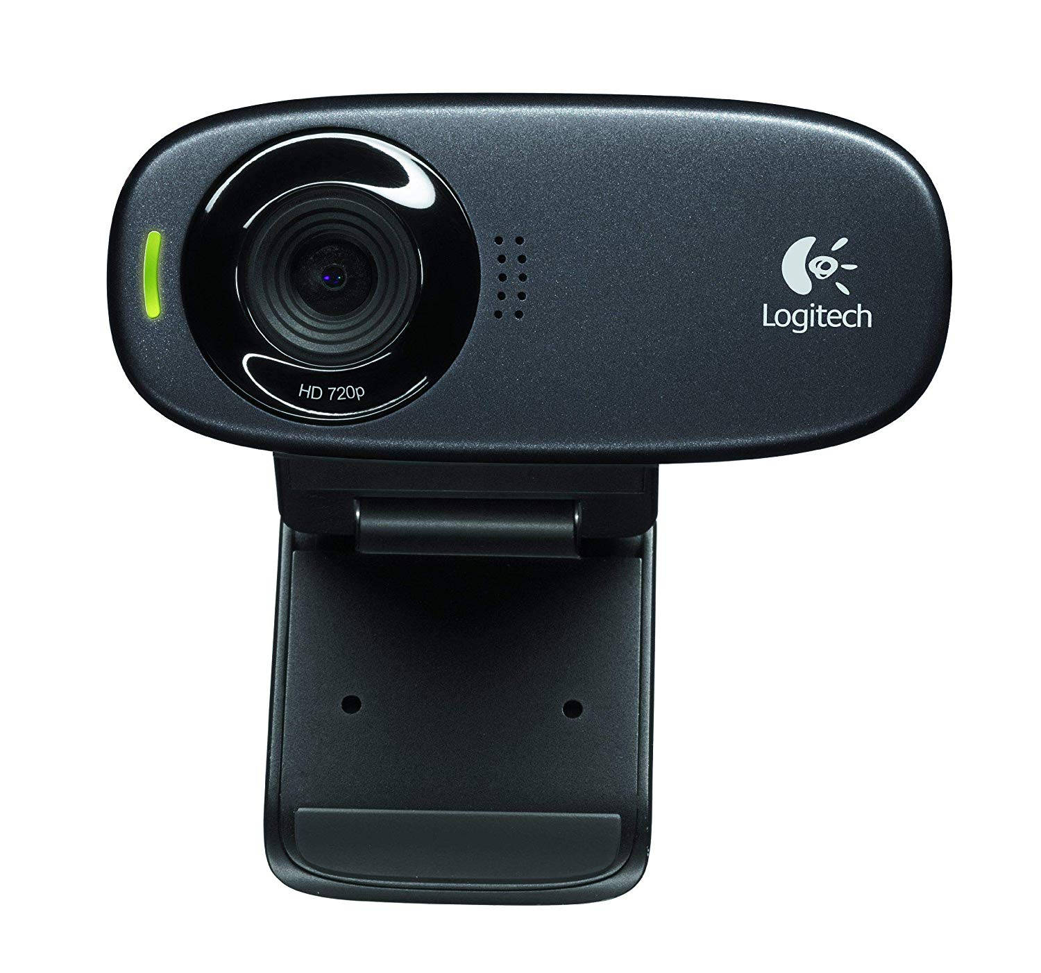 Logitech HD 720p webcam, glowing green power indicator, sleek black, HD Desktop Wallpaper