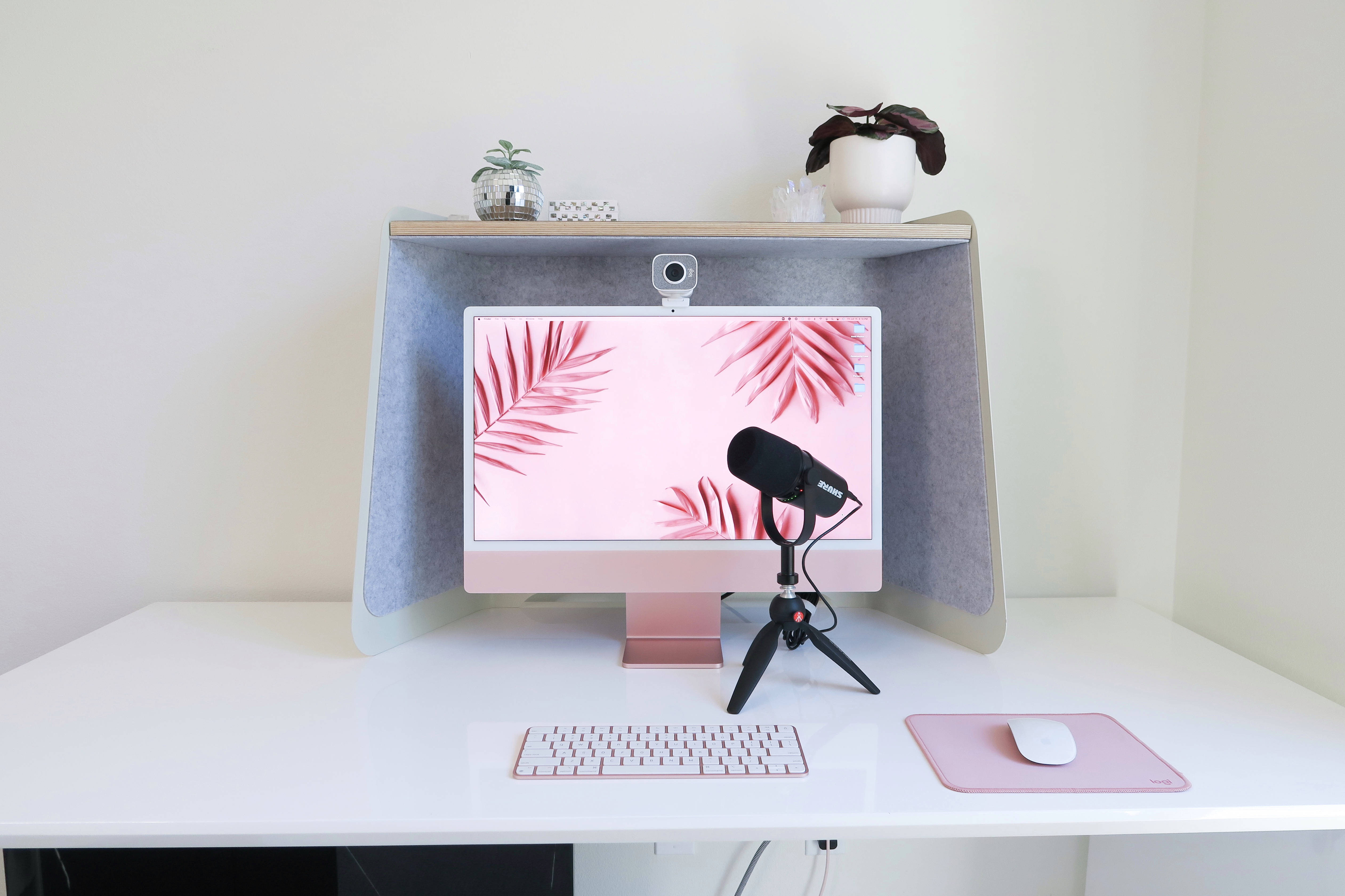 pink iMac, rose gold iMac, pink palm leaves, 4K Desktop Wallpaper