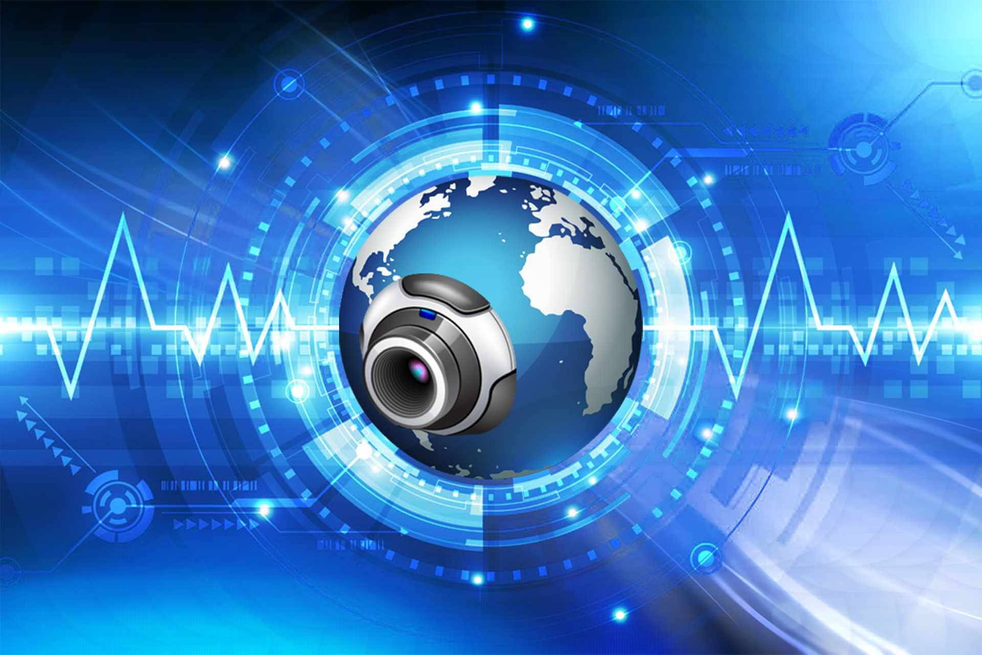 Webcam, globe, glowing blue digital interfaces, Full HD Desktop Wallpaper
