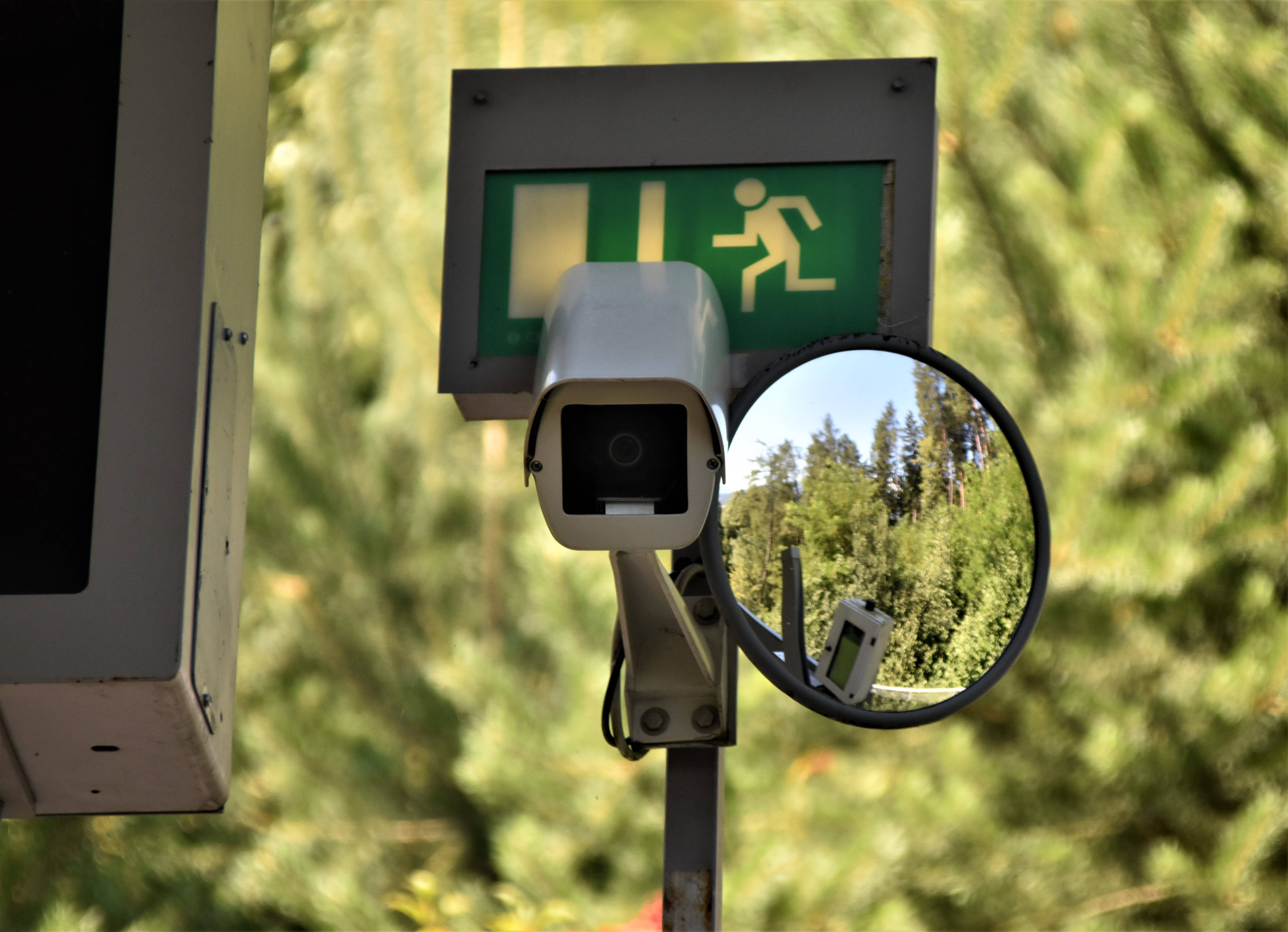 CCTV Webcam, street, green emergency exit sign, 5K Desktop Wallpaper
