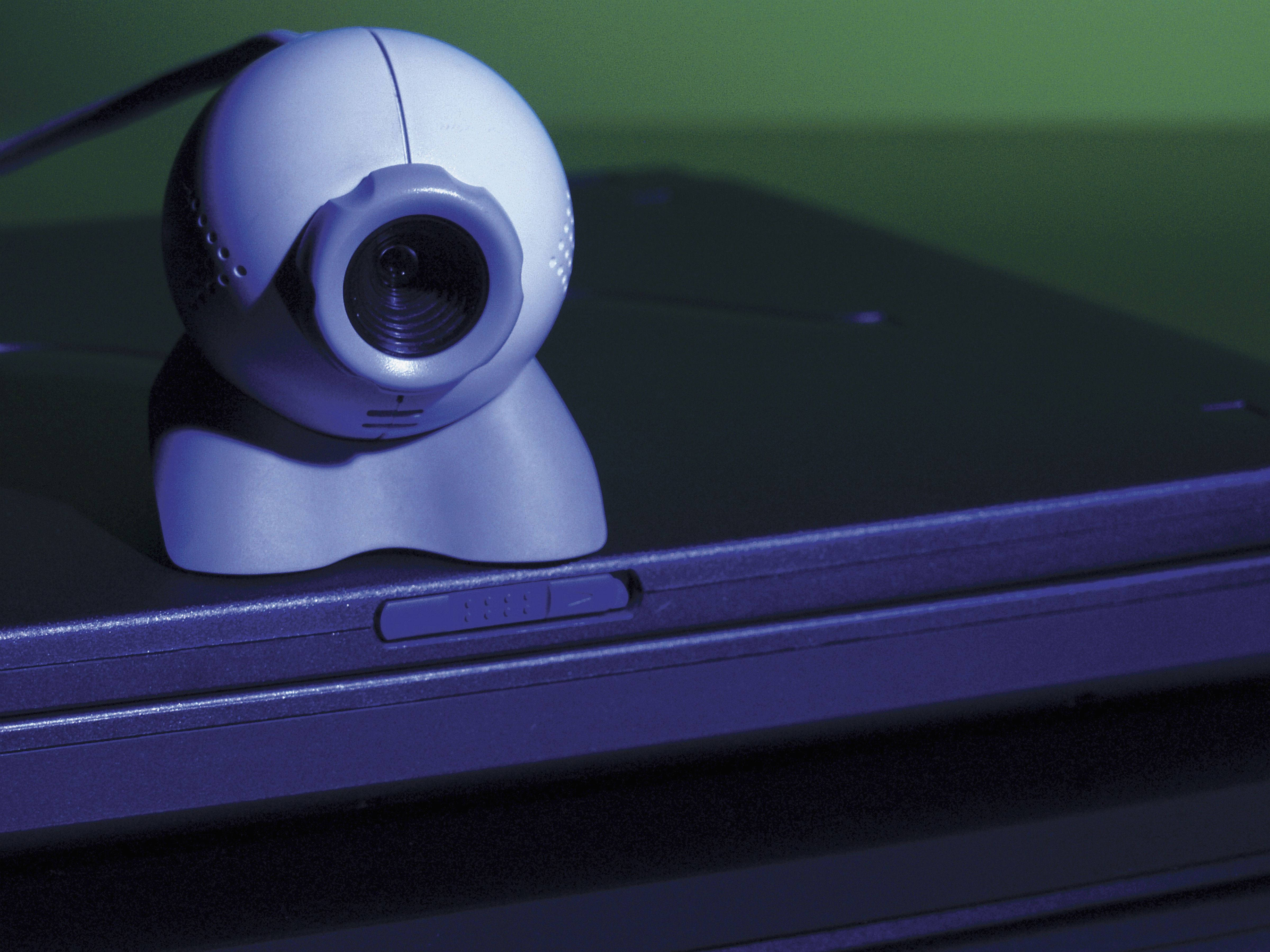 white spherical webcam, laptop, cool blue lighting, 4K Desktop Wallpaper