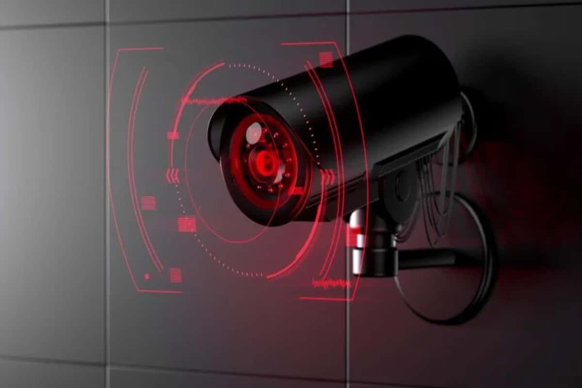 high tech dome cctv camera, black security camera, glowing red lens, SD Desktop Wallpaper