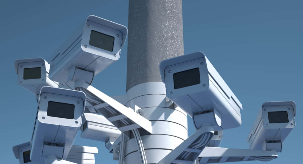 modern cctv surveillance system, white security cameras, gray pole, SD Desktop Wallpaper