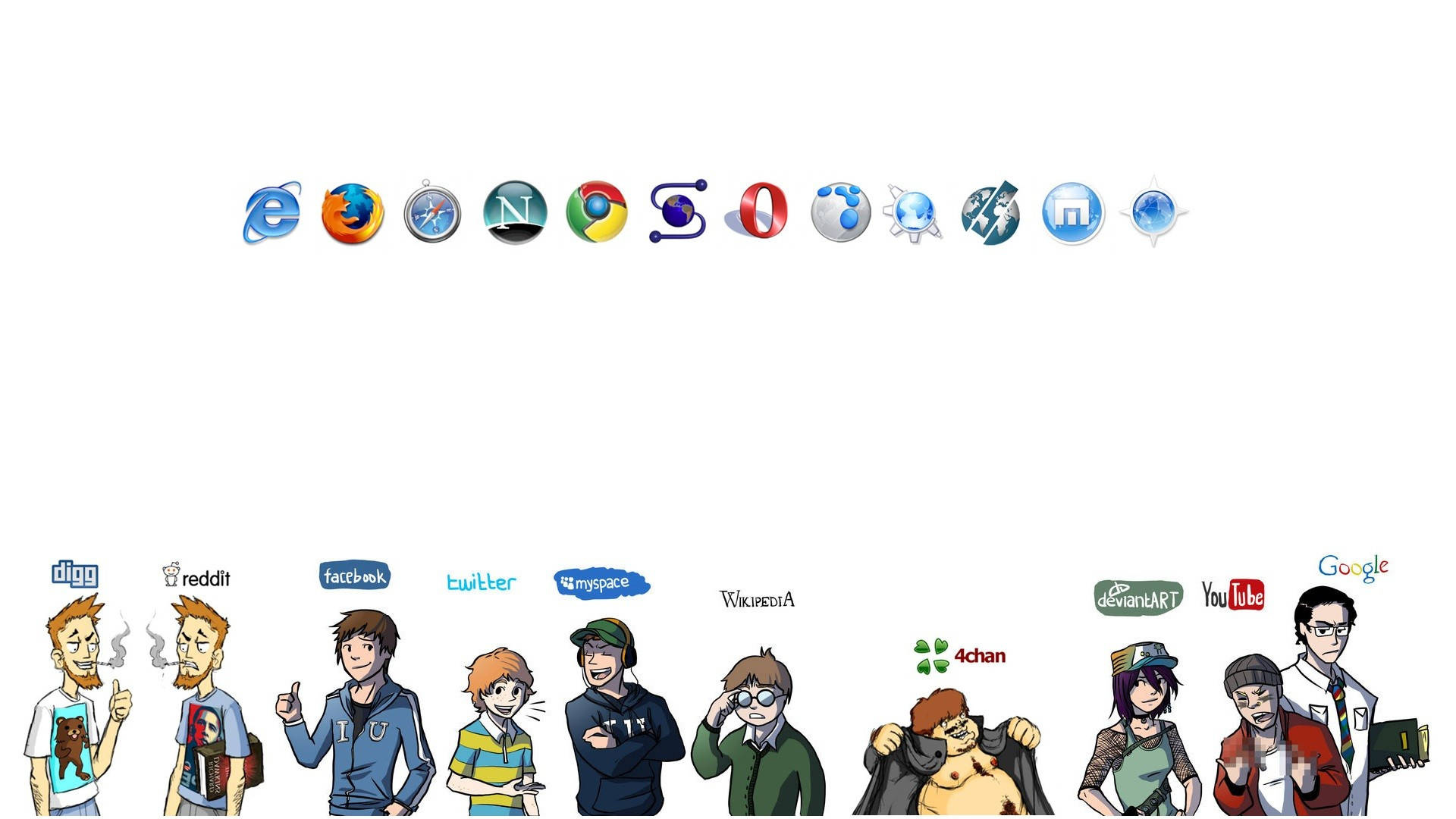 Browsers And Apps Personified, cartoon characters, early internet platforms, Full HD Desktop Wallpaper