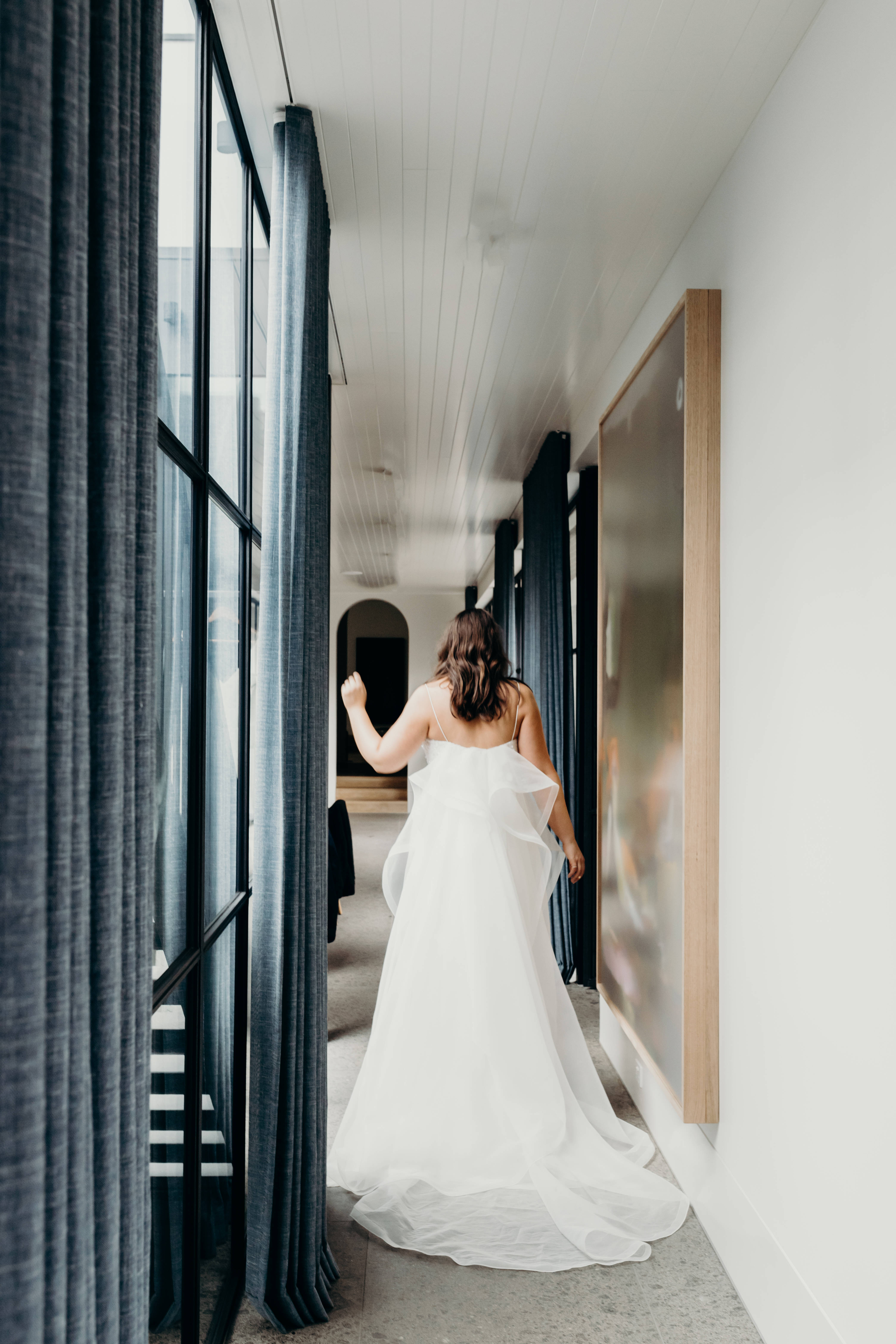 Wedding Aesthetic, white gown, modern hallway, 5K Phone Wallpaper