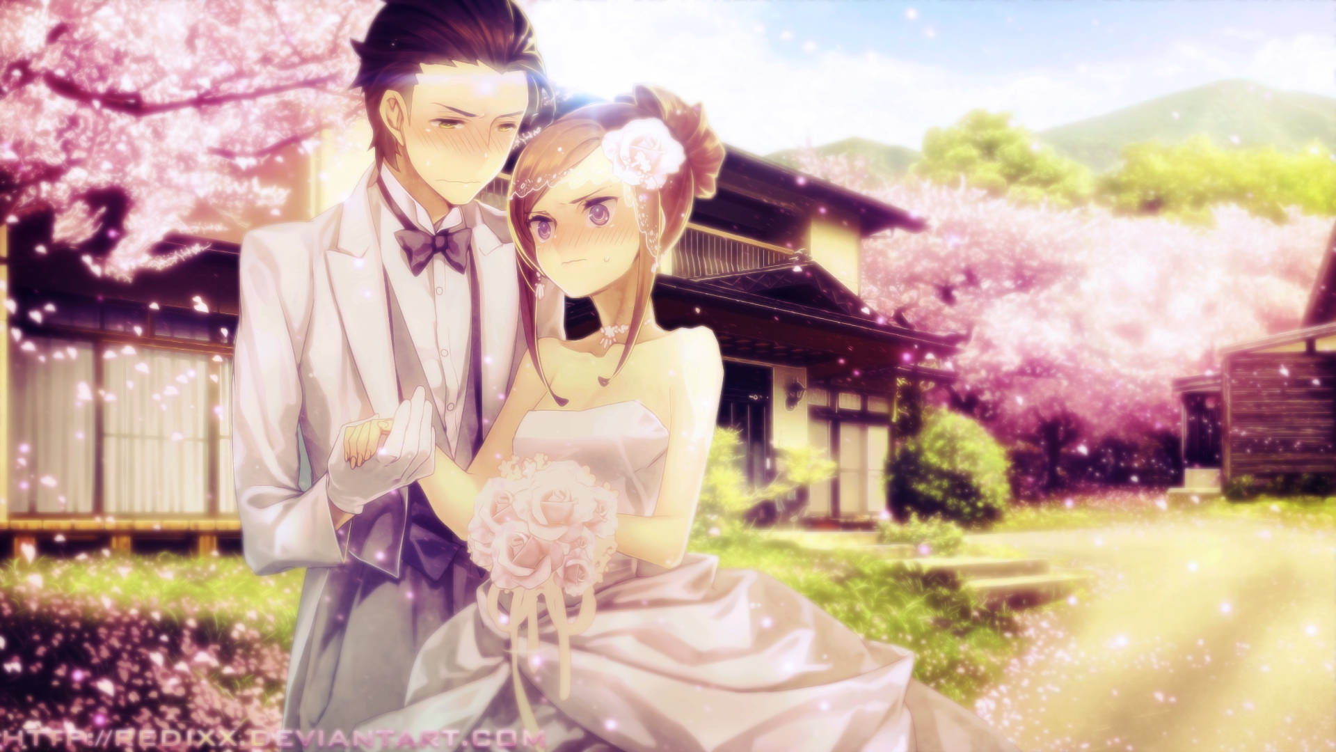 anime wedding aesthetic, cherry blossoms, sunlit Japanese garden, Full HD Desktop Wallpaper