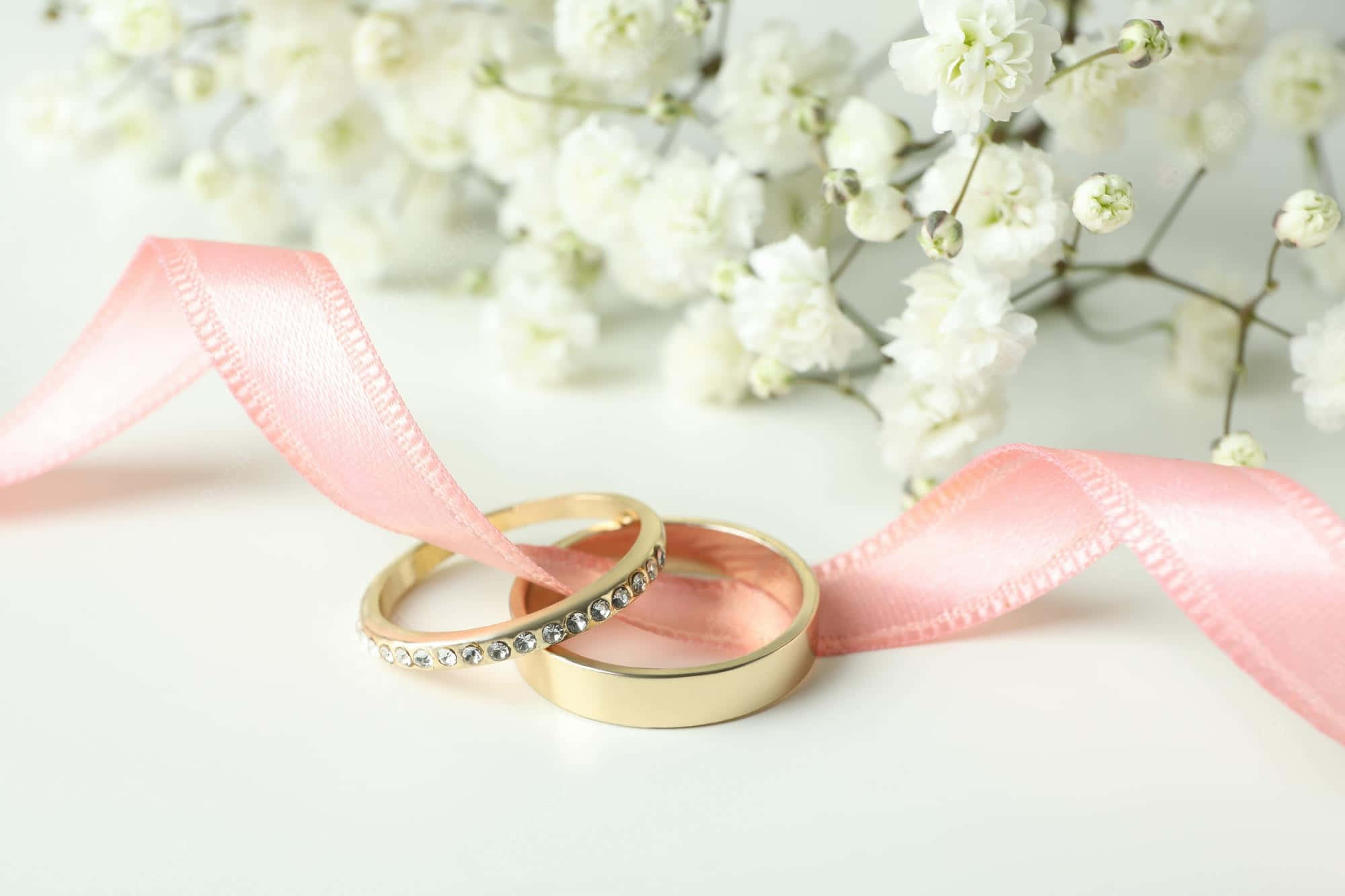 golden rings, pink ribbon, white baby's breath flowers, Full HD Desktop Wallpaper