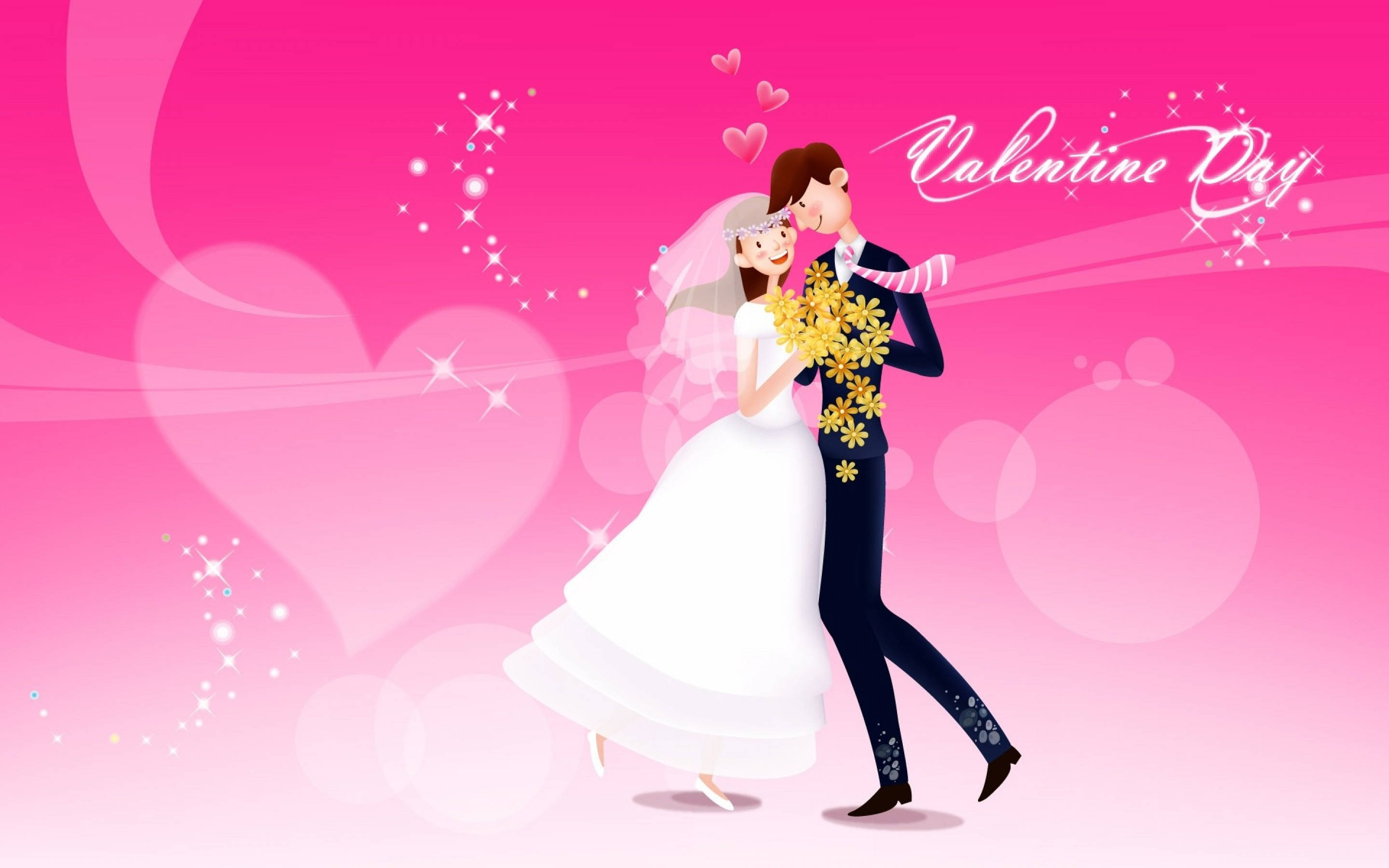 wedding aesthetic, pink theme, cartoon couple, 2K Desktop Wallpaper