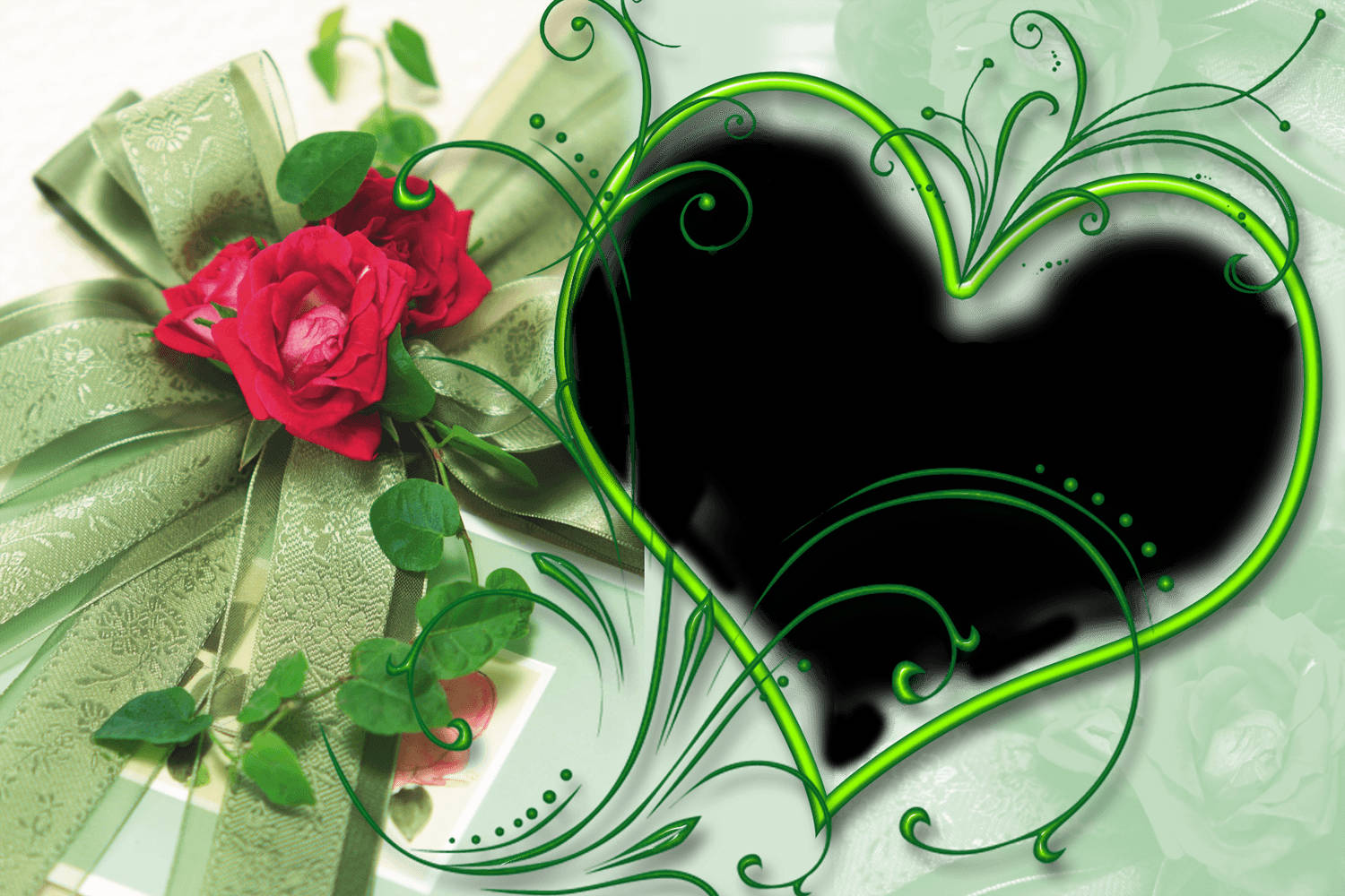 Wedding Album Green Heart, green heart frame, vibrant red rose bouquet, HD Desktop Wallpaper
