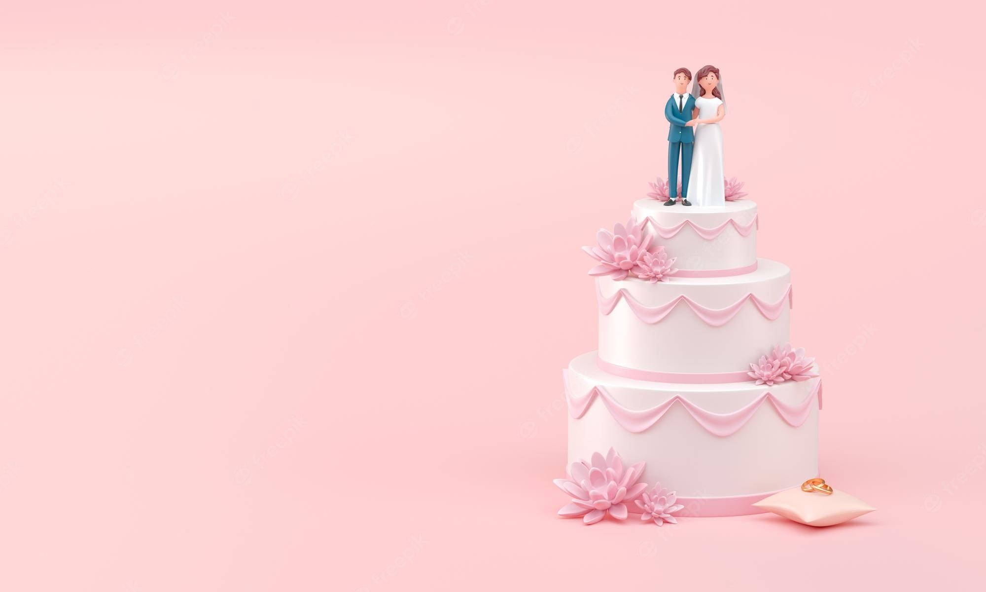 pink wedding cake, three-tiered, bride and groom figurine, Full HD Desktop Wallpaper