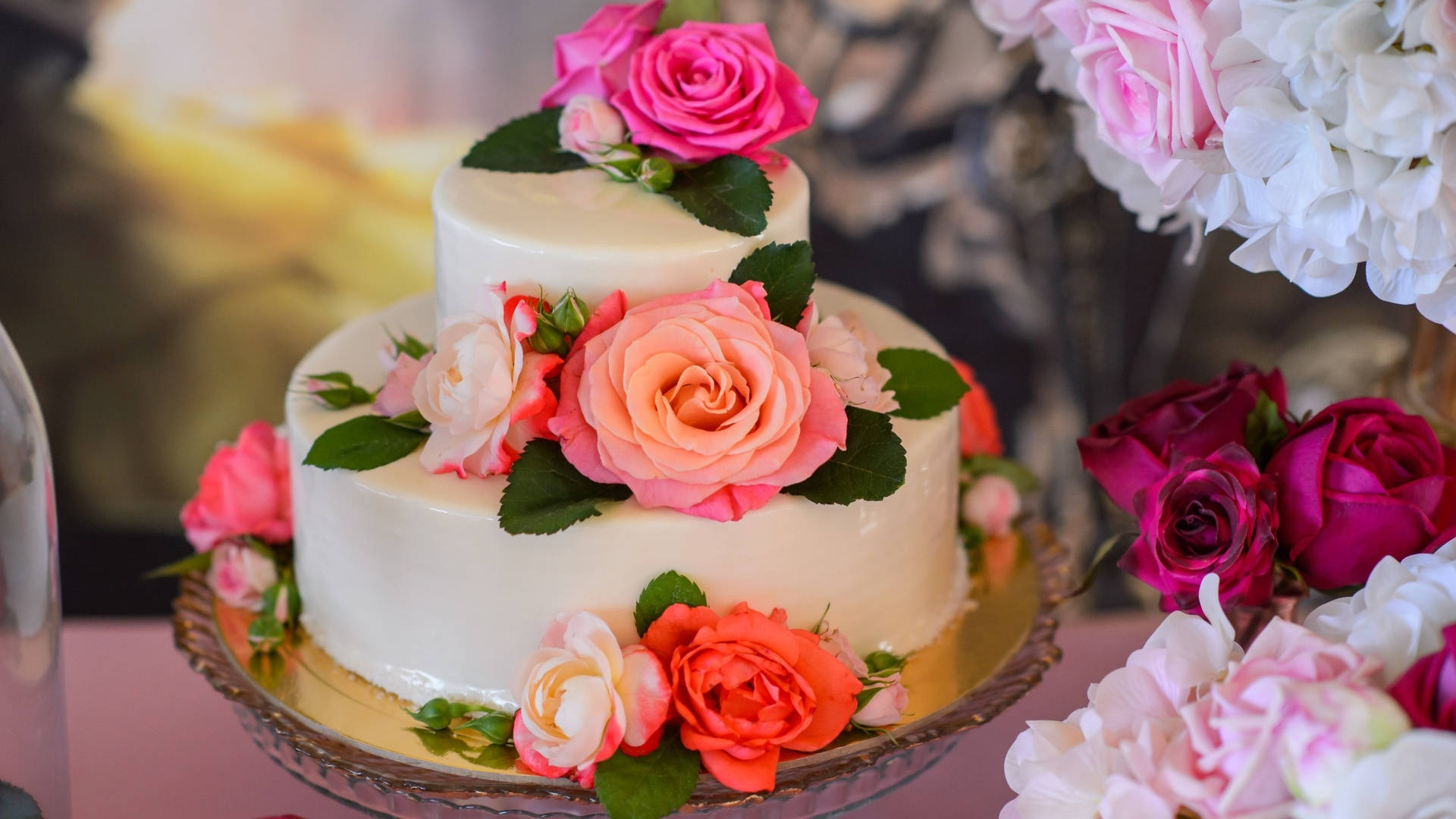two-tiered white cake, vibrant pink peach and coral roses, gold stand, Full HD Desktop Wallpaper