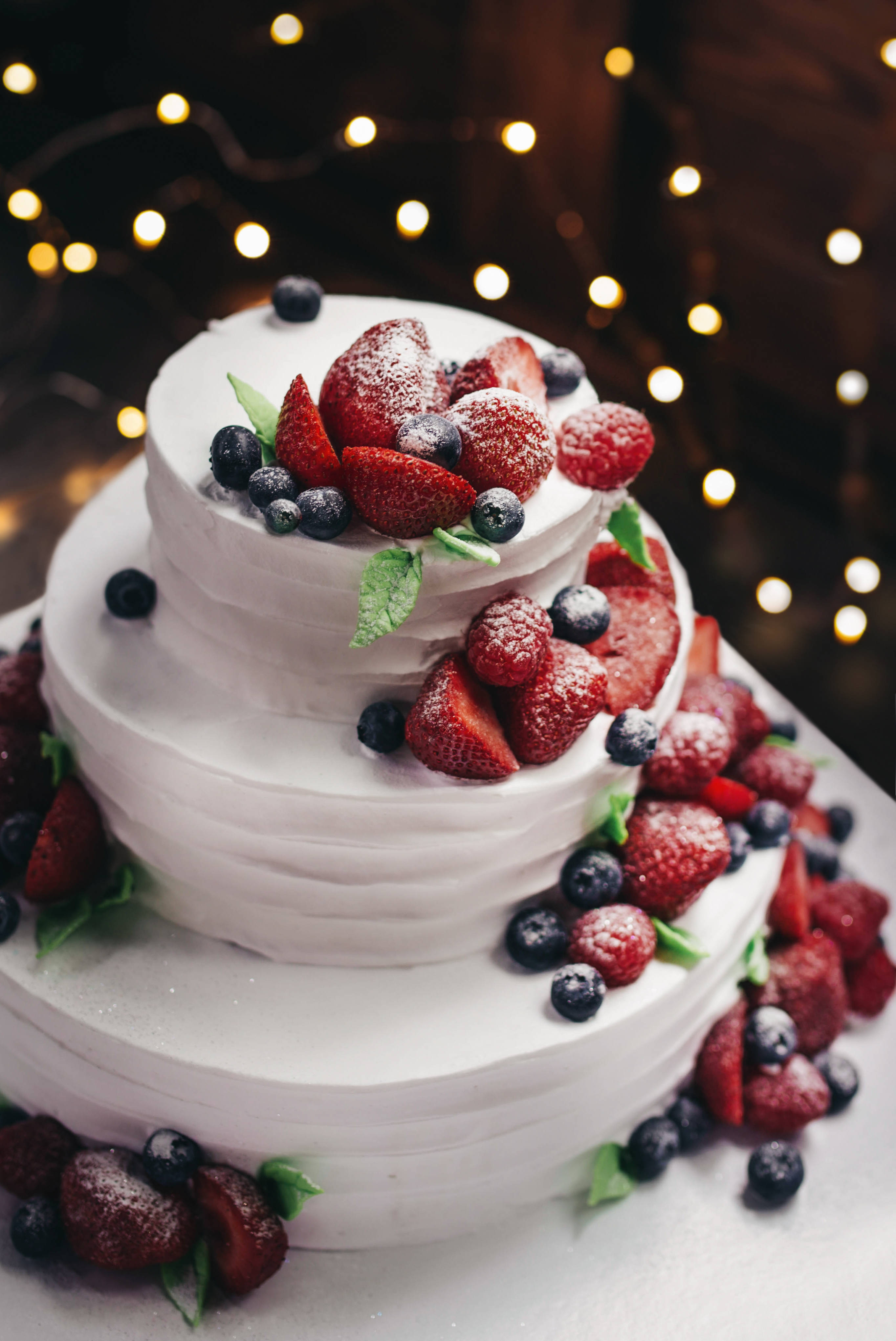 Mixed Berries Multi Layered Wedding Cake, white frosted, fresh strawberries, 4K Phone Wallpaper