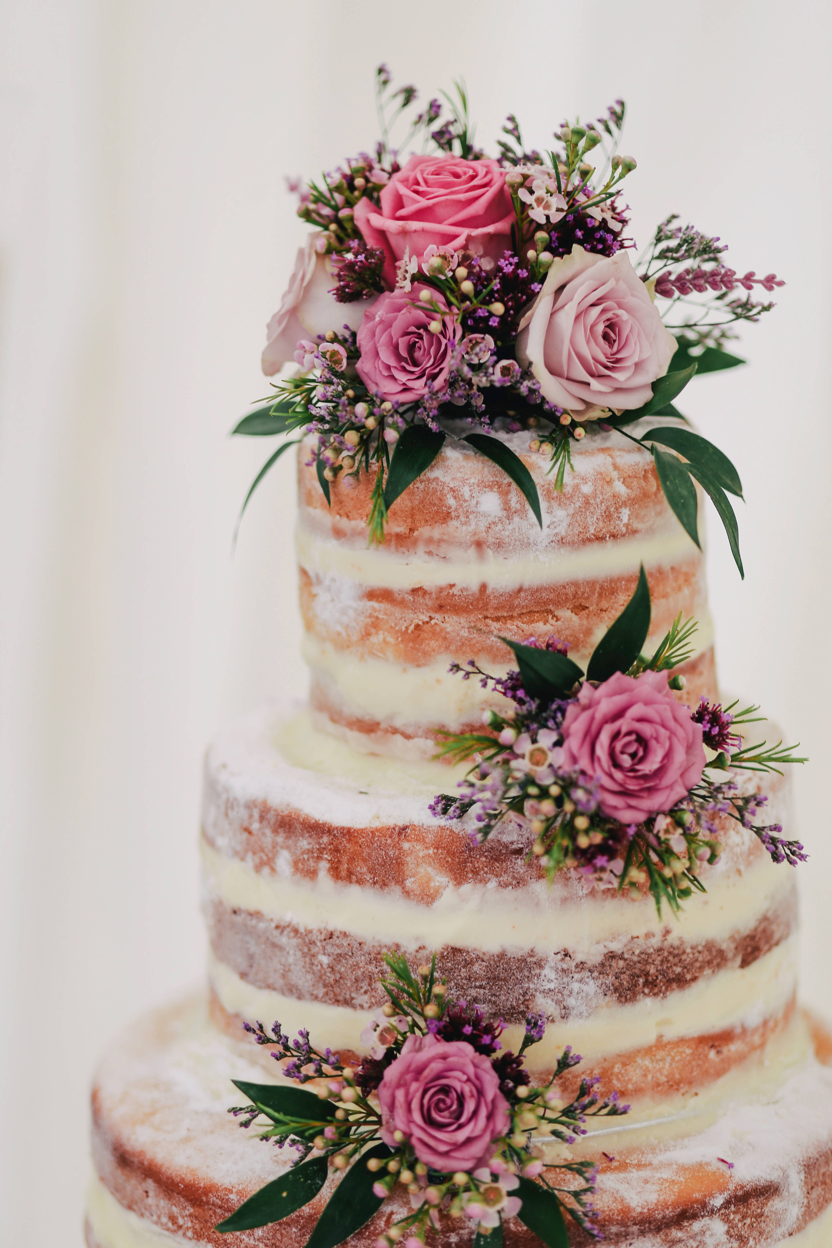 floral multi layered naked wedding cake, three-tiered naked wedding cake, pink roses, 4K Phone Wallpaper