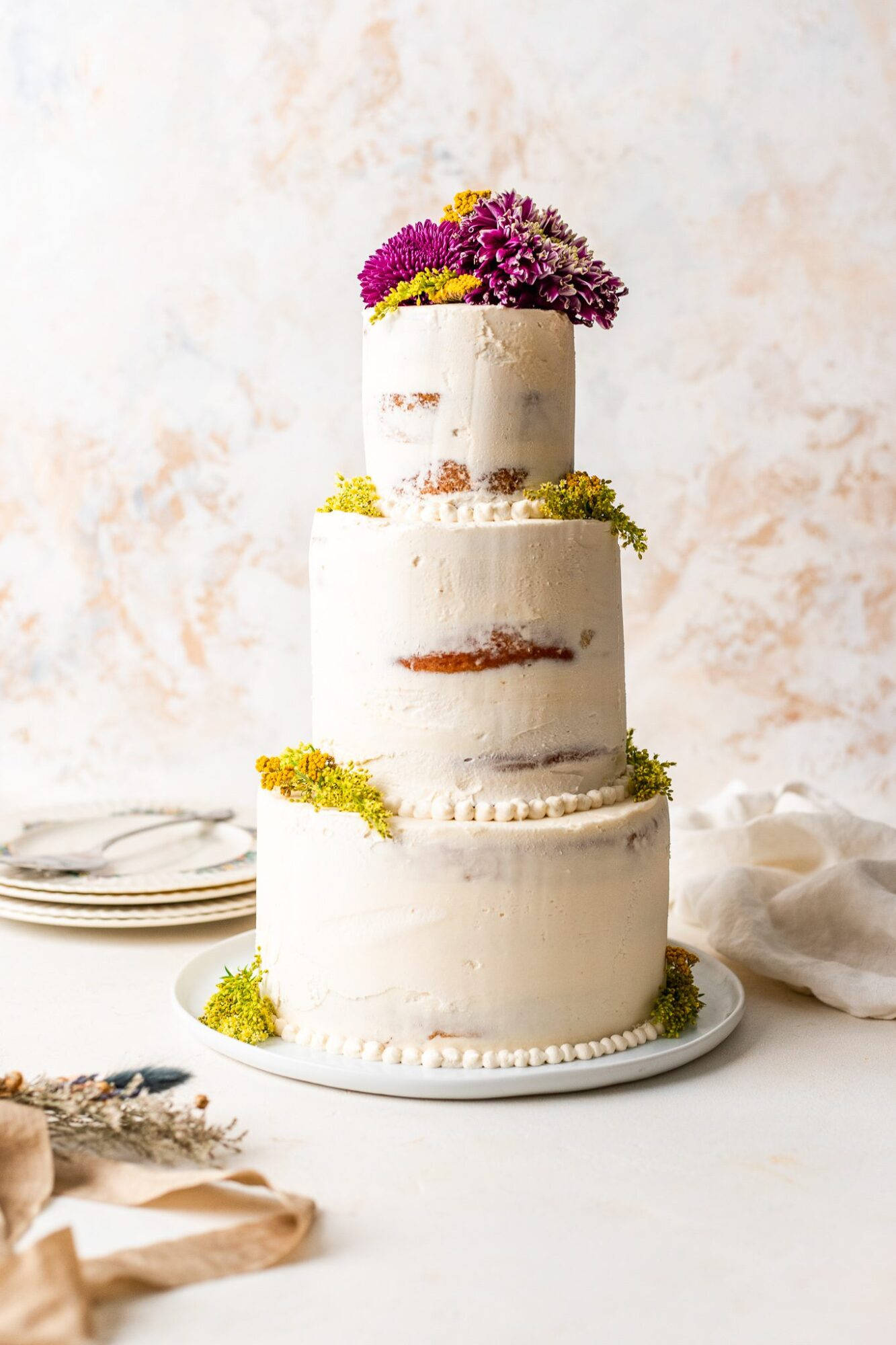 yellow and purple chrysanthemum white wedding cake, three-tiered white cake, rustic frosting, Full HD Phone Wallpaper