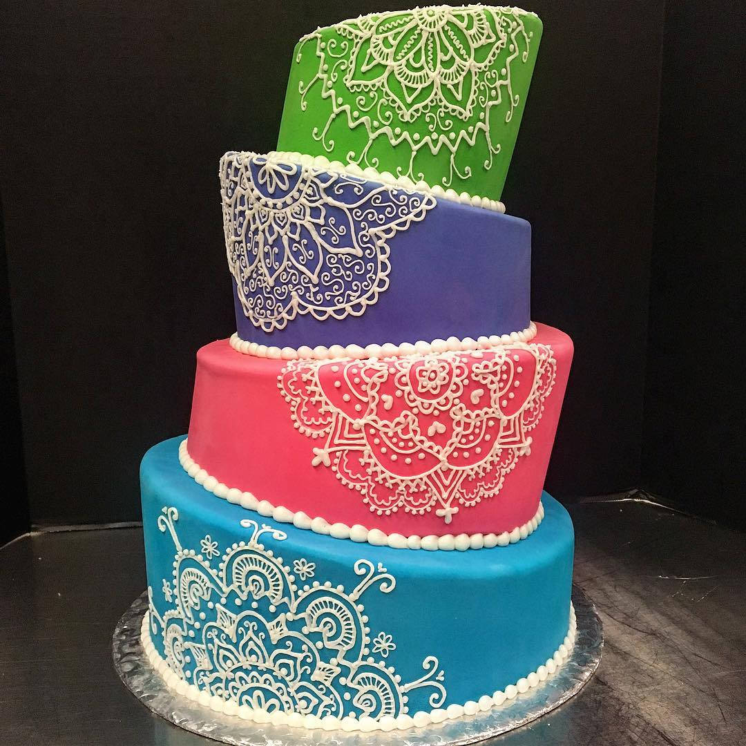 multi color mandala wedding cake, four-tiered cake, bold blue pink purple and green tiers, SD Desktop Wallpaper
