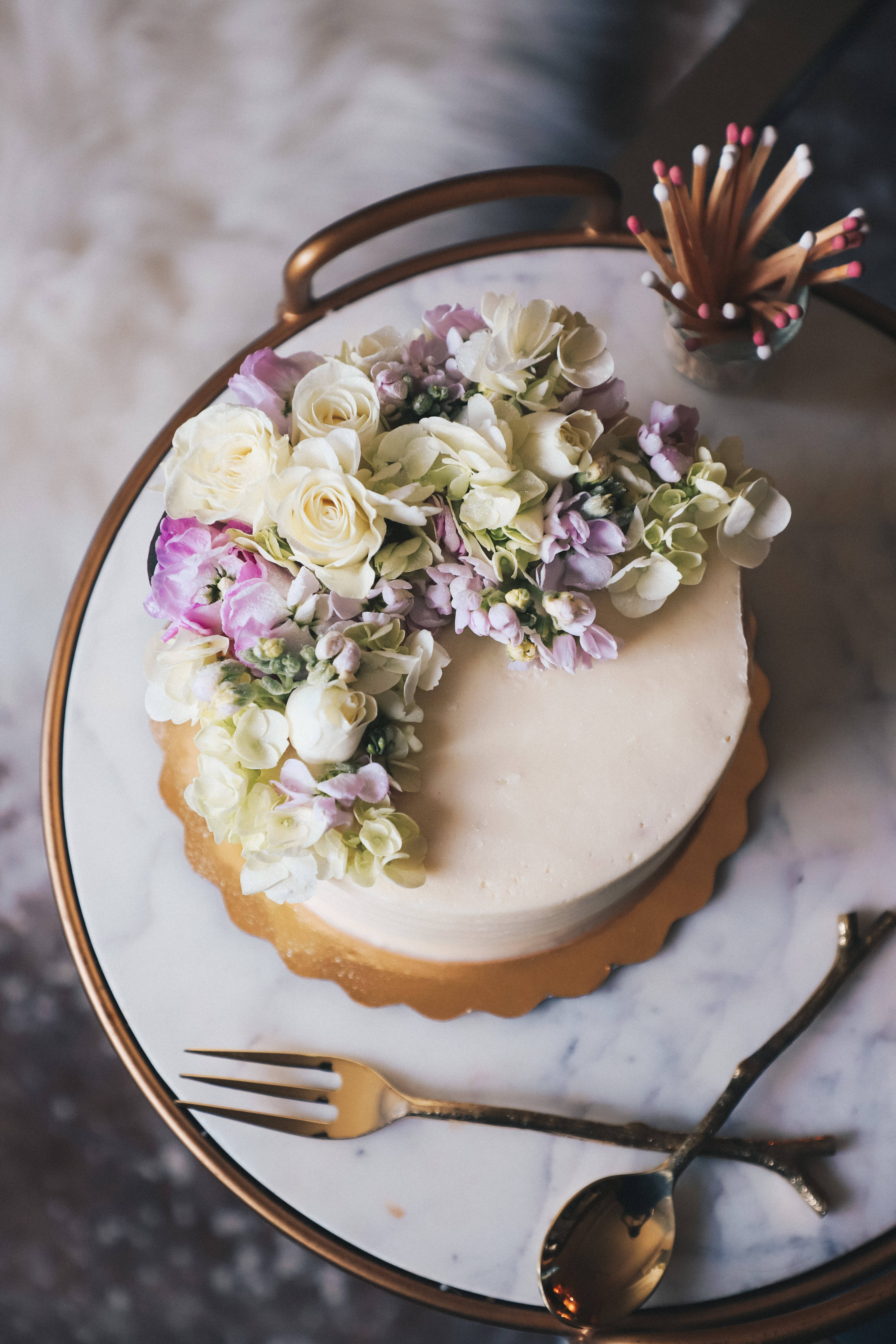 white and lavender flowers, marble tray, gold cutlery, 5K Phone Wallpaper