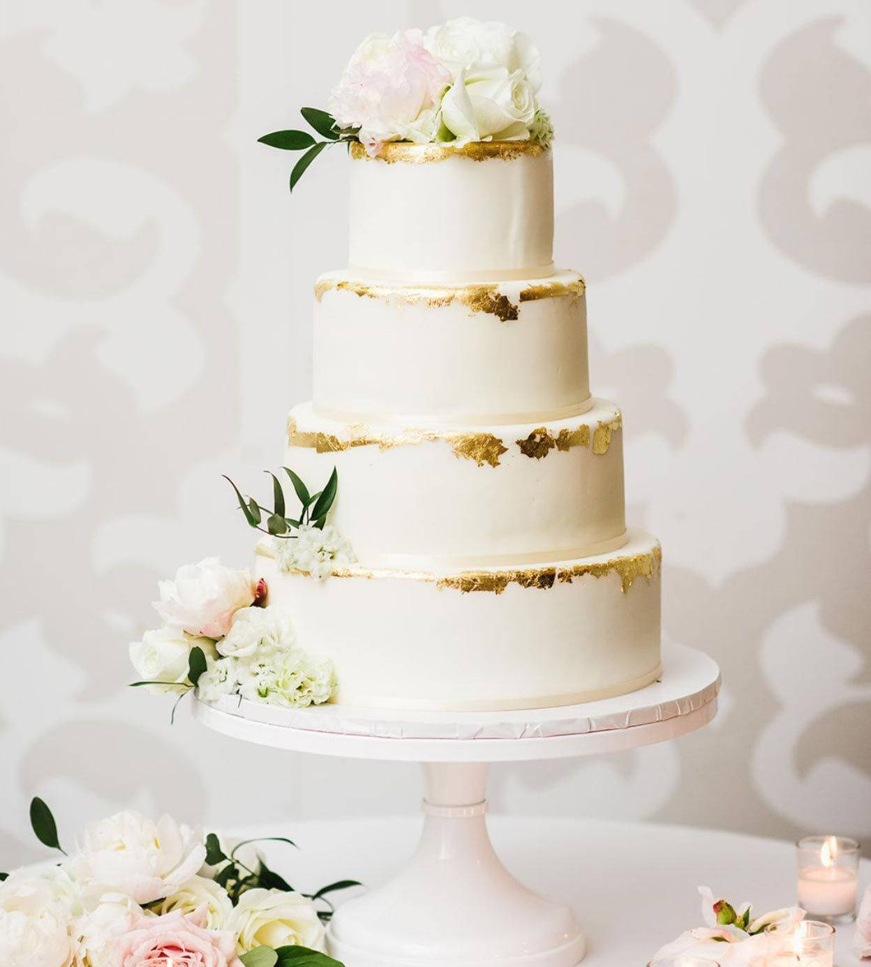 white wedding cake, gold leaf accents, four-tiered, HD Phone Wallpaper
