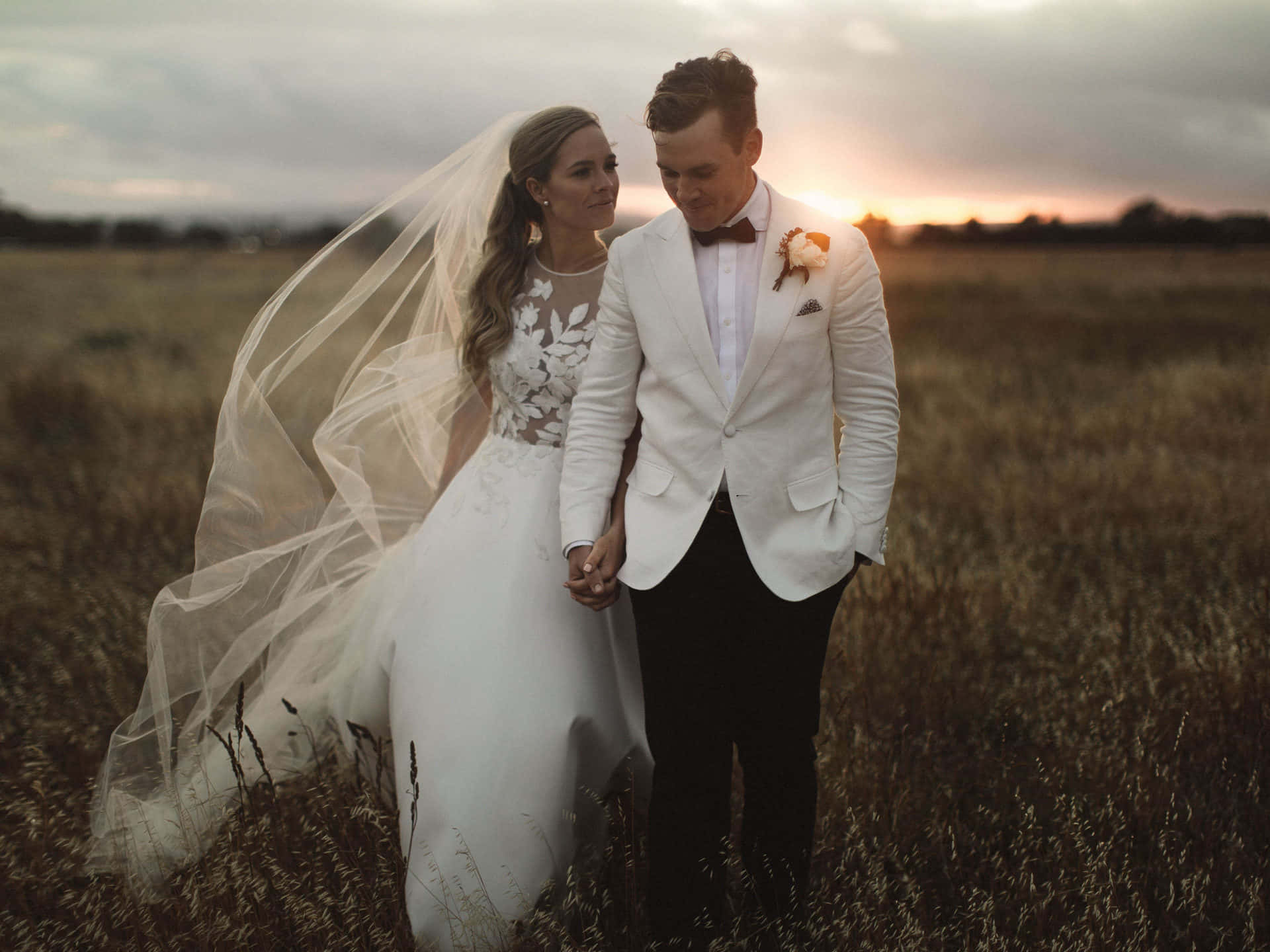 Wedding Couple, sunset, golden field, Full HD Desktop Wallpaper