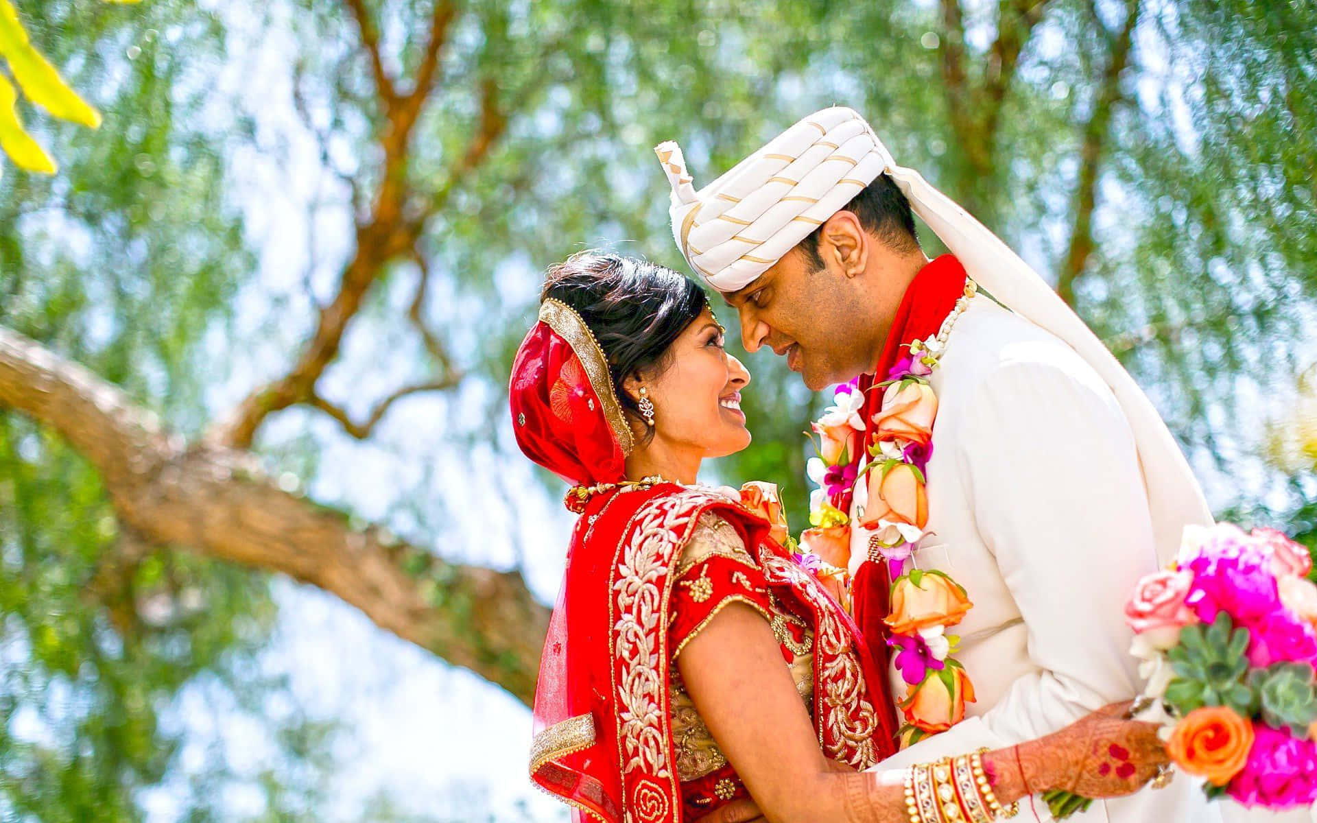 Indian couple, traditional wedding attire, red and white attire, Full HD Desktop Wallpaper