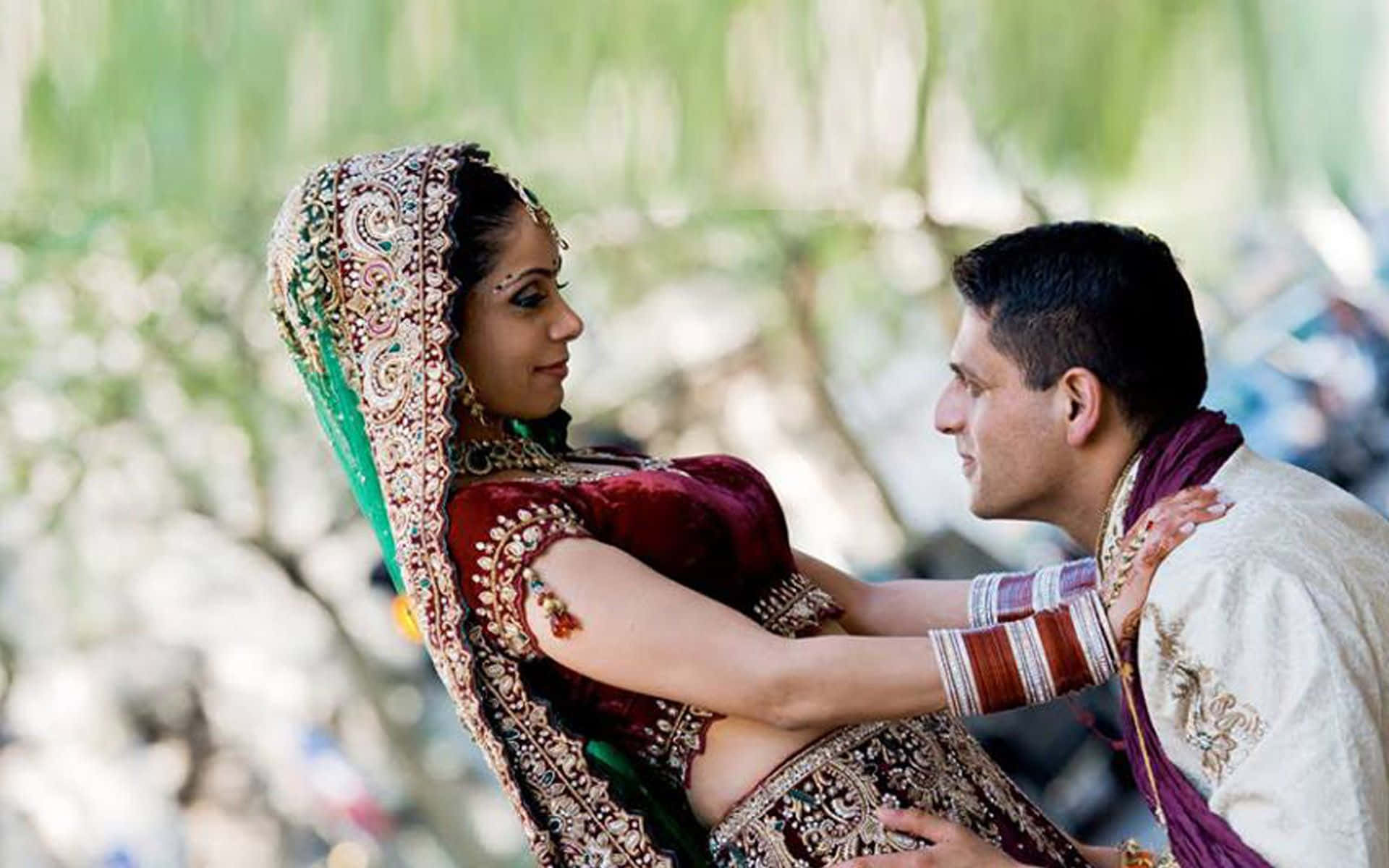 Punjabi couple, bride in red and gold embroidered attire, groom, Full HD Desktop Wallpaper
