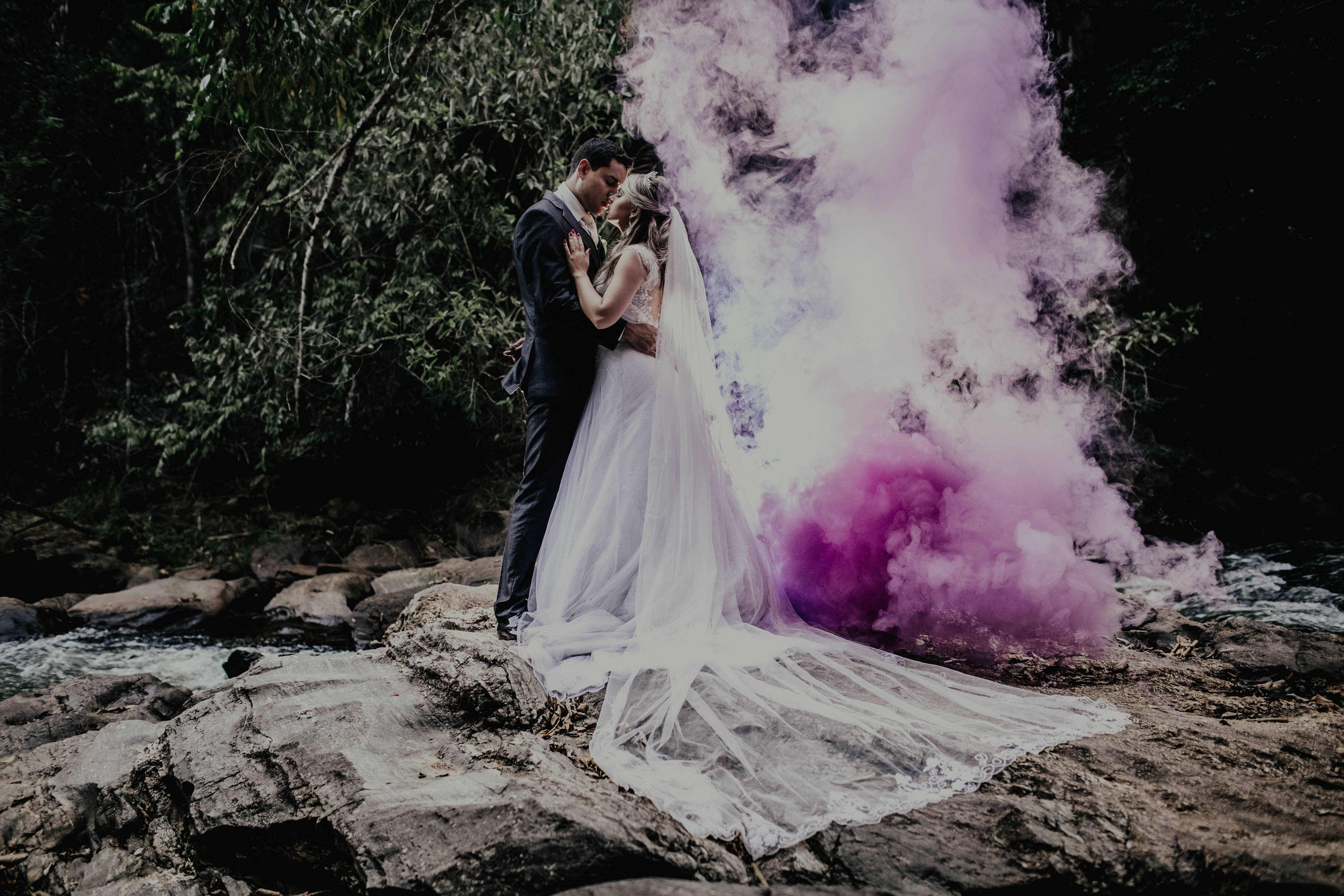 bride, groom, rocky riverbank, 5K Desktop Wallpaper