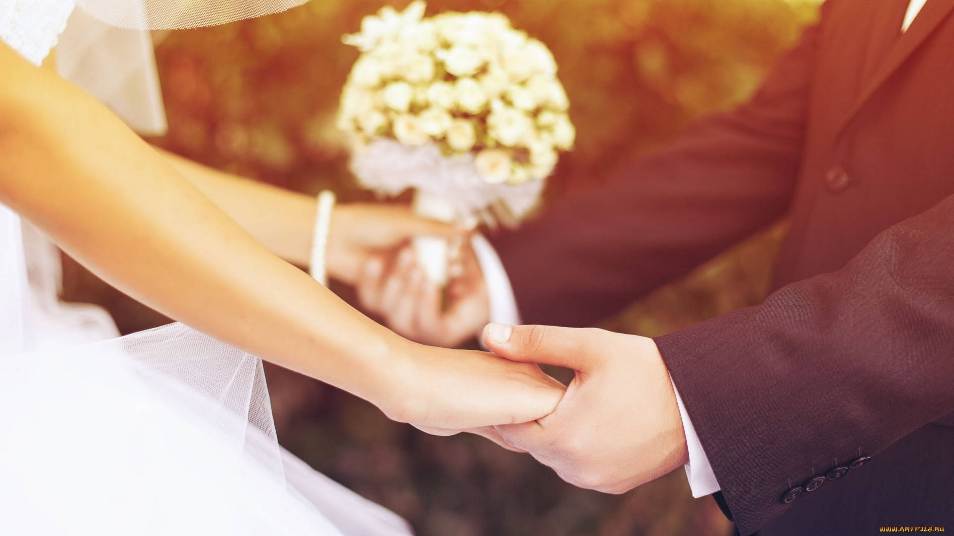 bride, groom, white flowers, Full HD Desktop Wallpaper