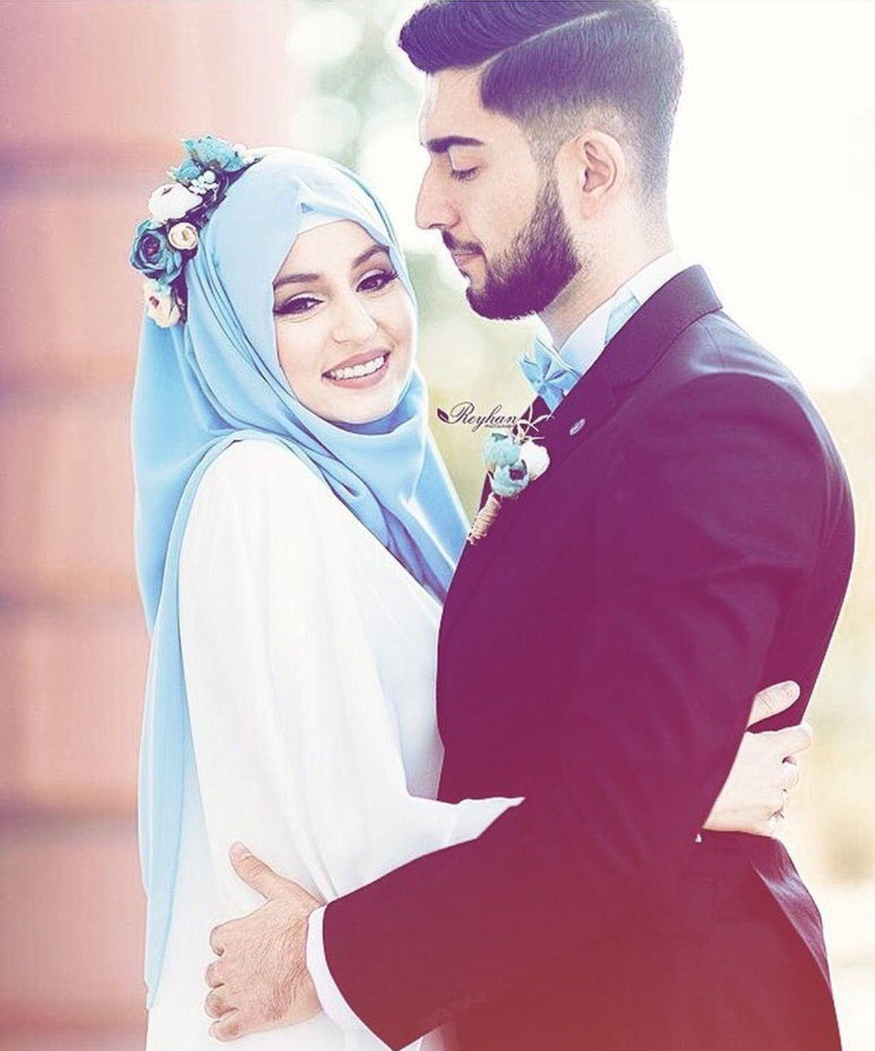 Muslim couple, light blue floral hijab, dark suit, HD Phone Wallpaper