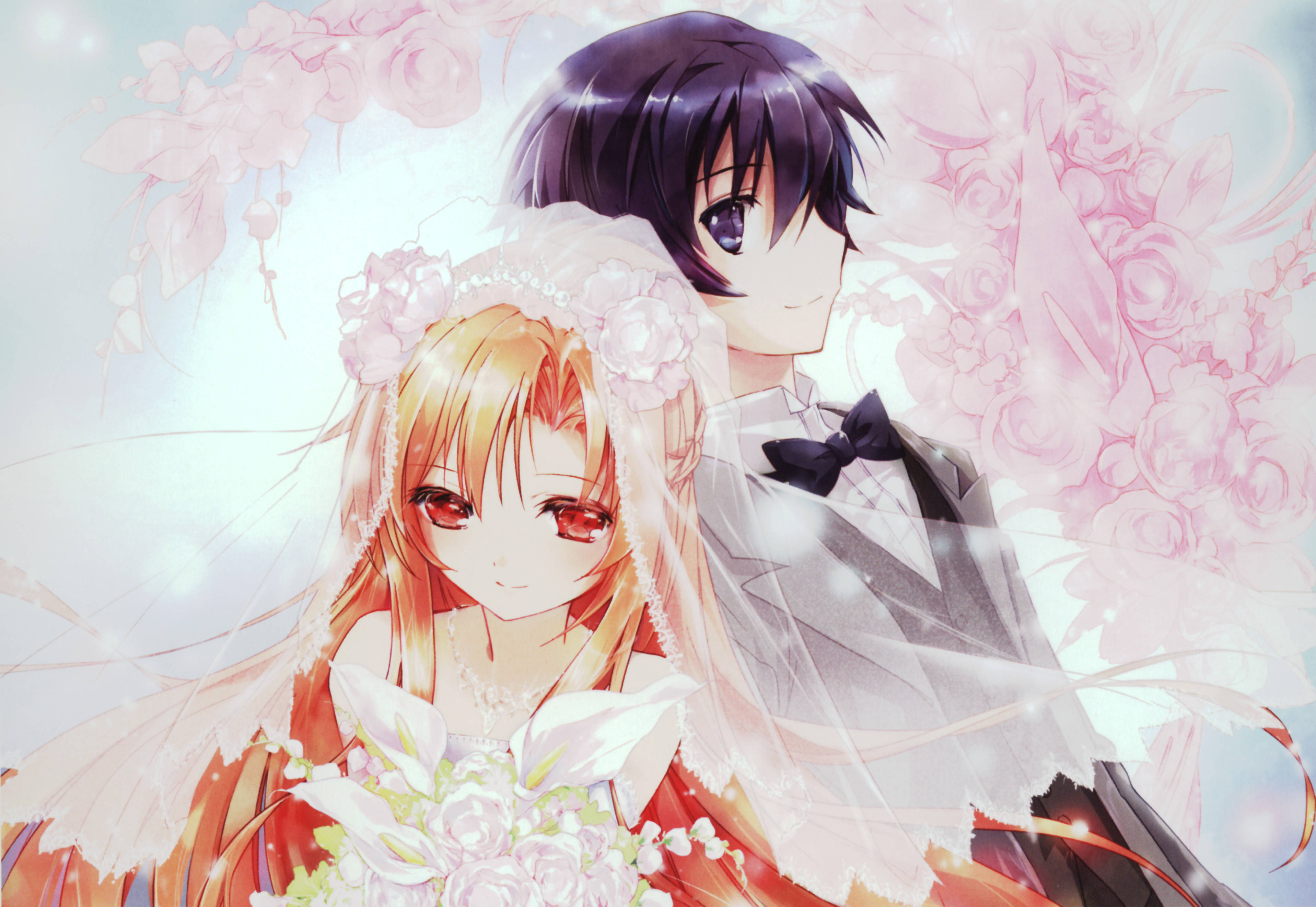 blonde bride, dark-haired groom, tuxedo, 2K Desktop Wallpaper