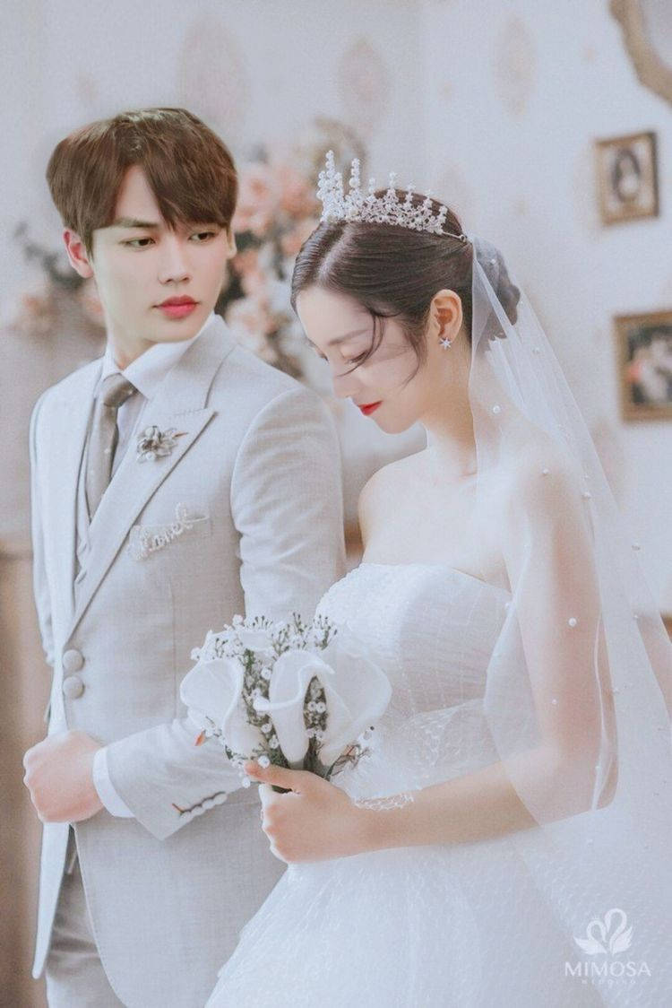 Korean Couple Wedding, white gown, tiara, SD Phone Wallpaper
