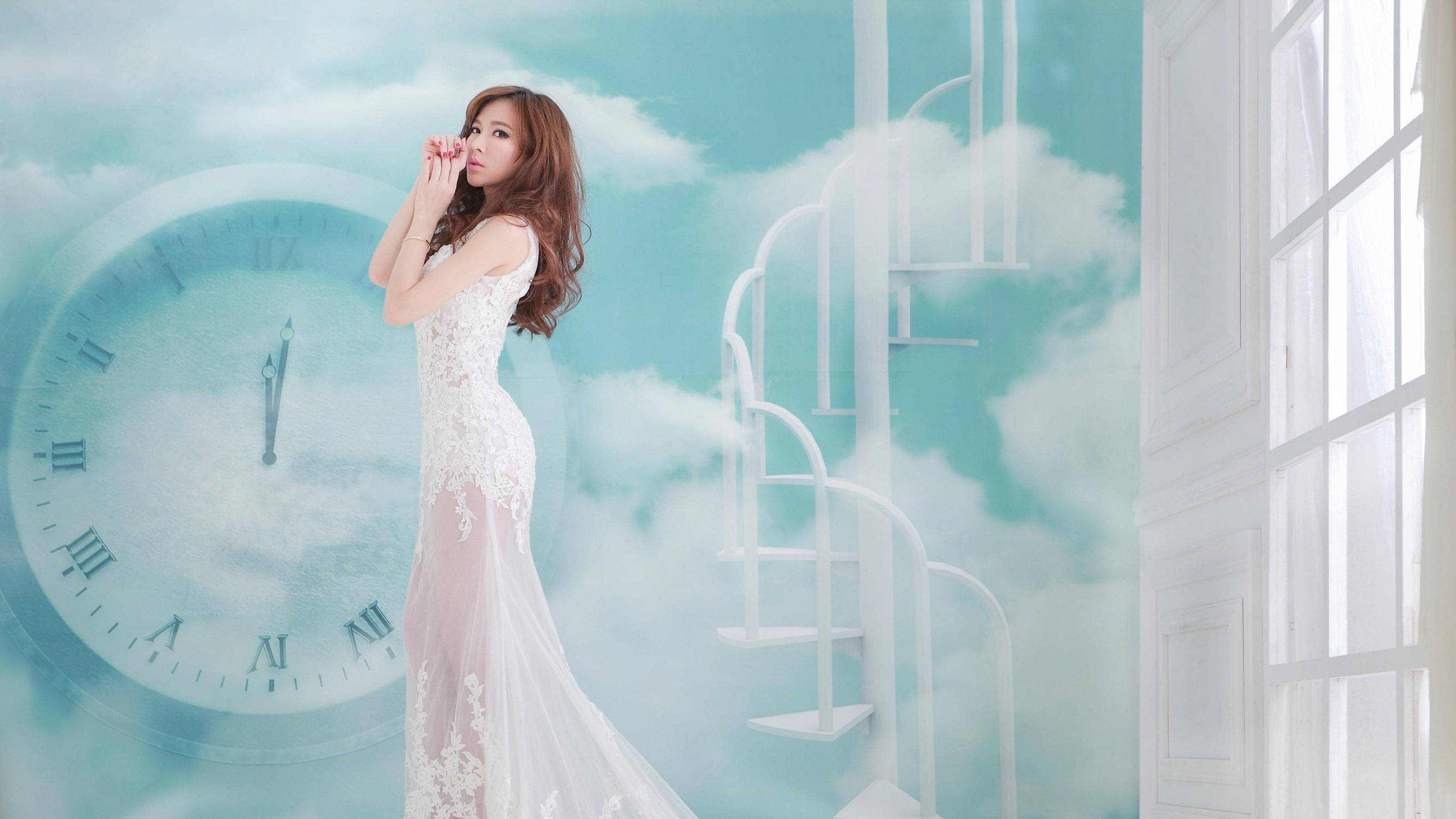 white lace gown, giant clock, spiral staircase, 2K Desktop Wallpaper