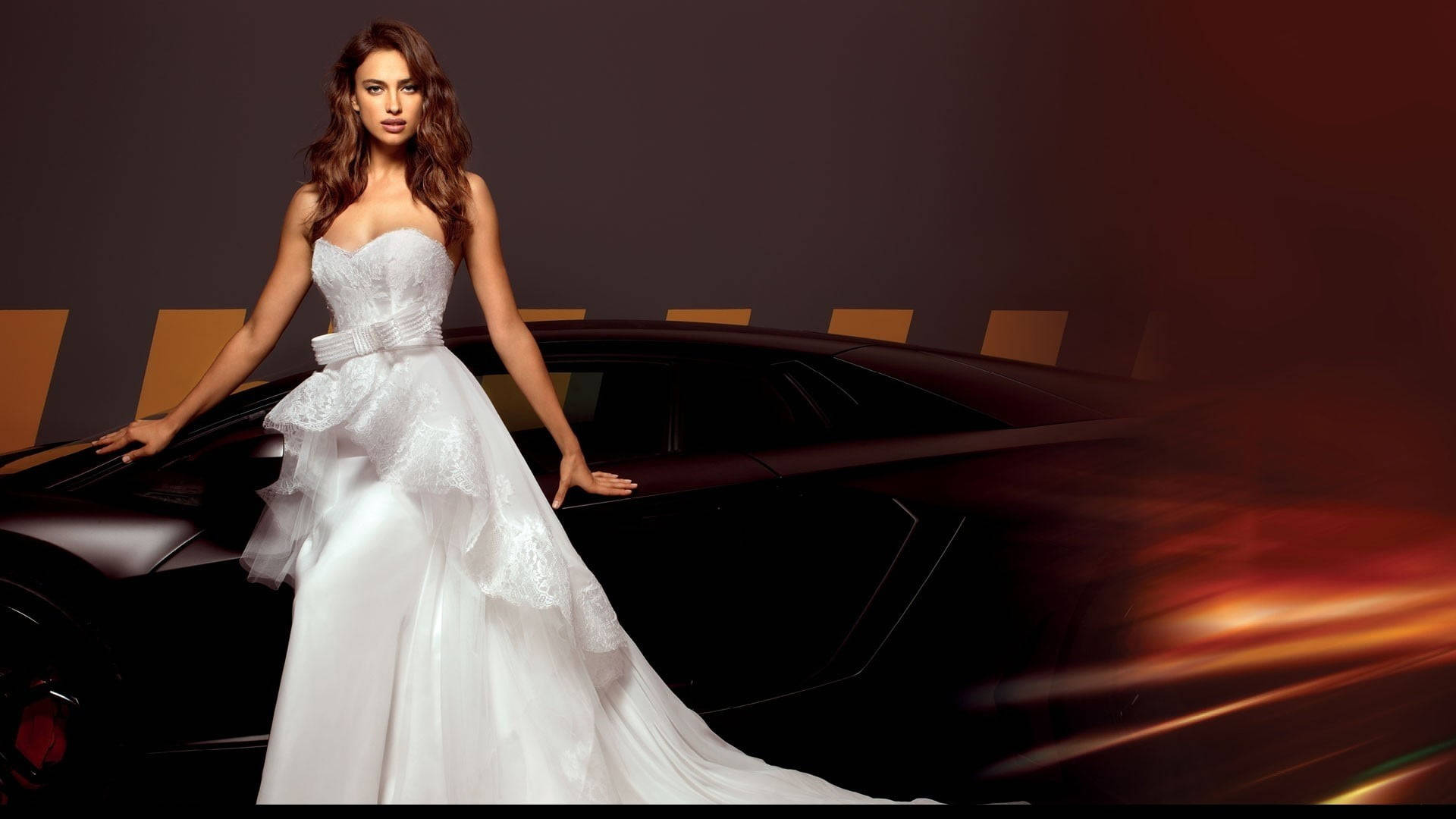 white wedding gown, sleek black sports car, motion blur, Full HD Desktop Wallpaper