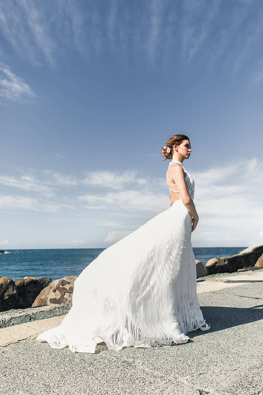 fancy white wedding dress, flowing white gown, rocky seaside path, HD Phone Wallpaper