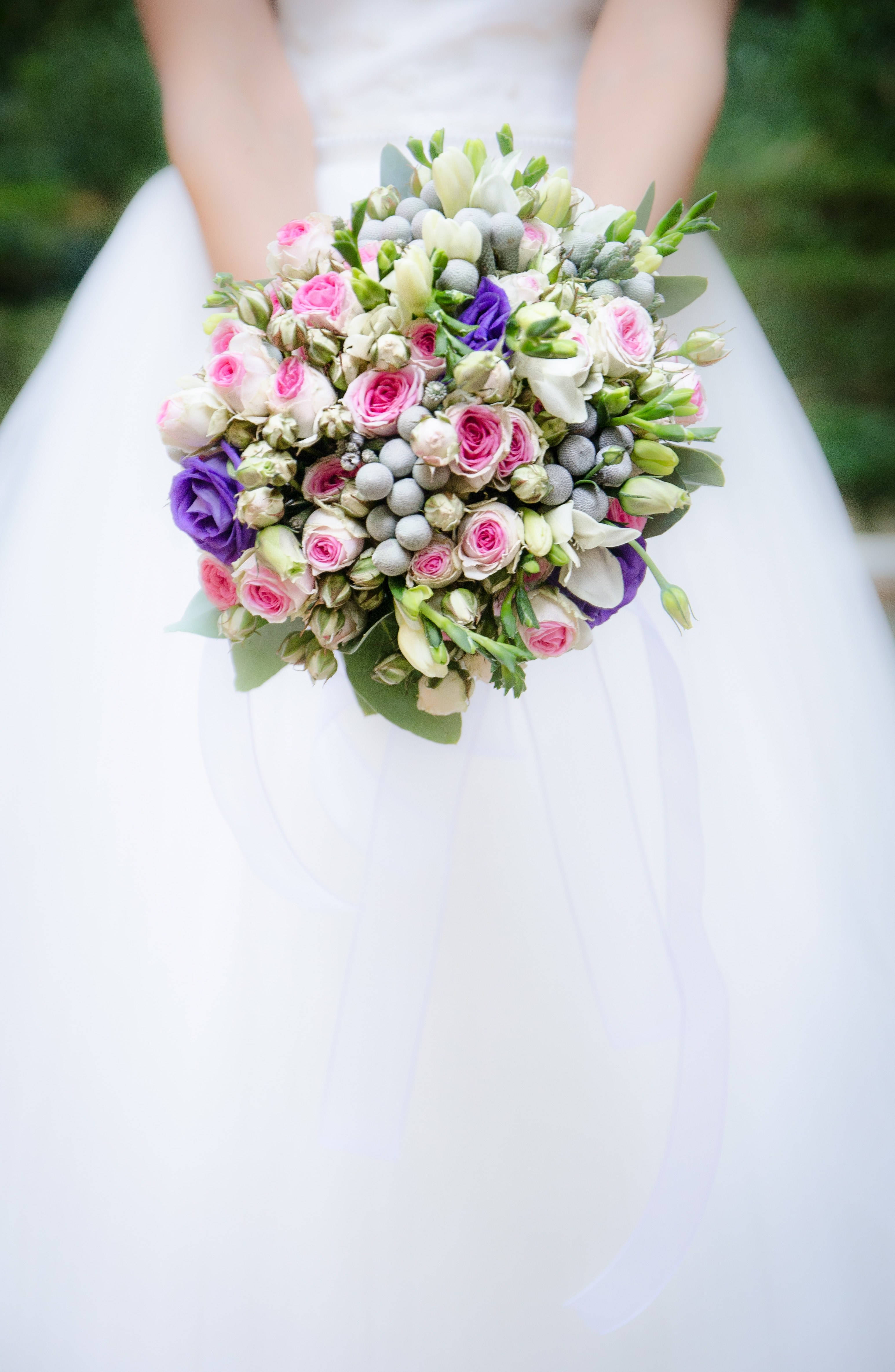 white gown, pink roses, purple lisianthus, 4K Phone Wallpaper