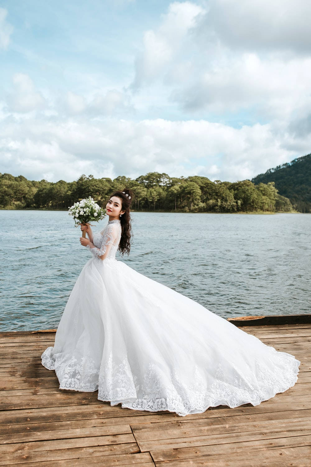long sleeved wedding dress, white lace gown, wooden dock, HD Phone Wallpaper