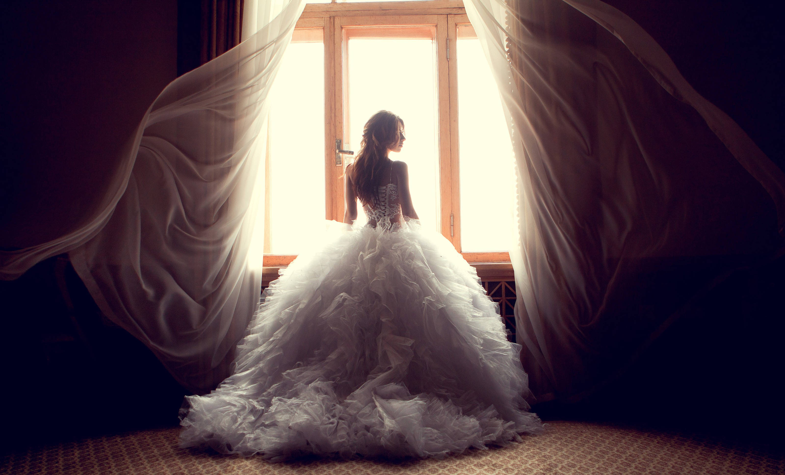 extravagant wedding dress, voluminous white gown, sunlit window, 2K Desktop Wallpaper