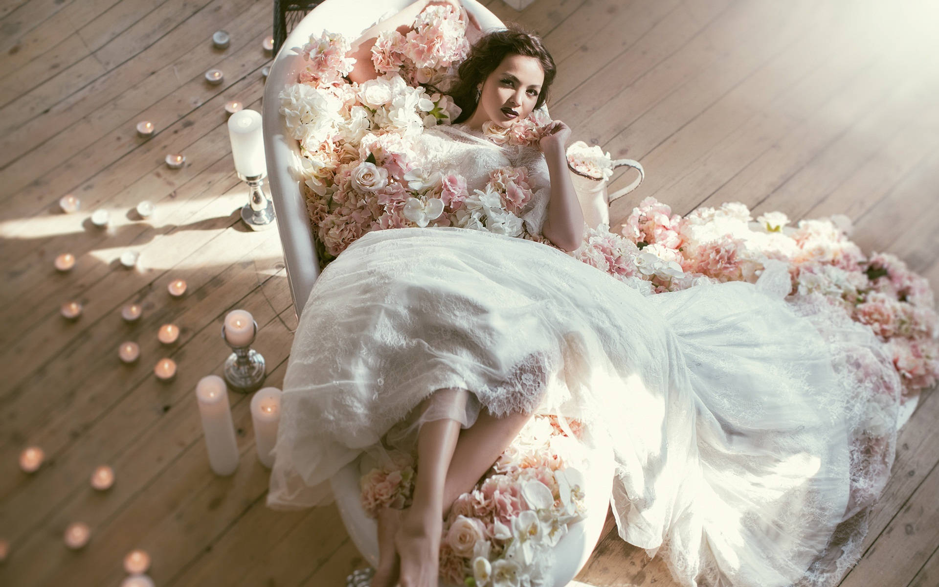 white lace gown, bathtub, pink and white flowers, Full HD Desktop Wallpaper