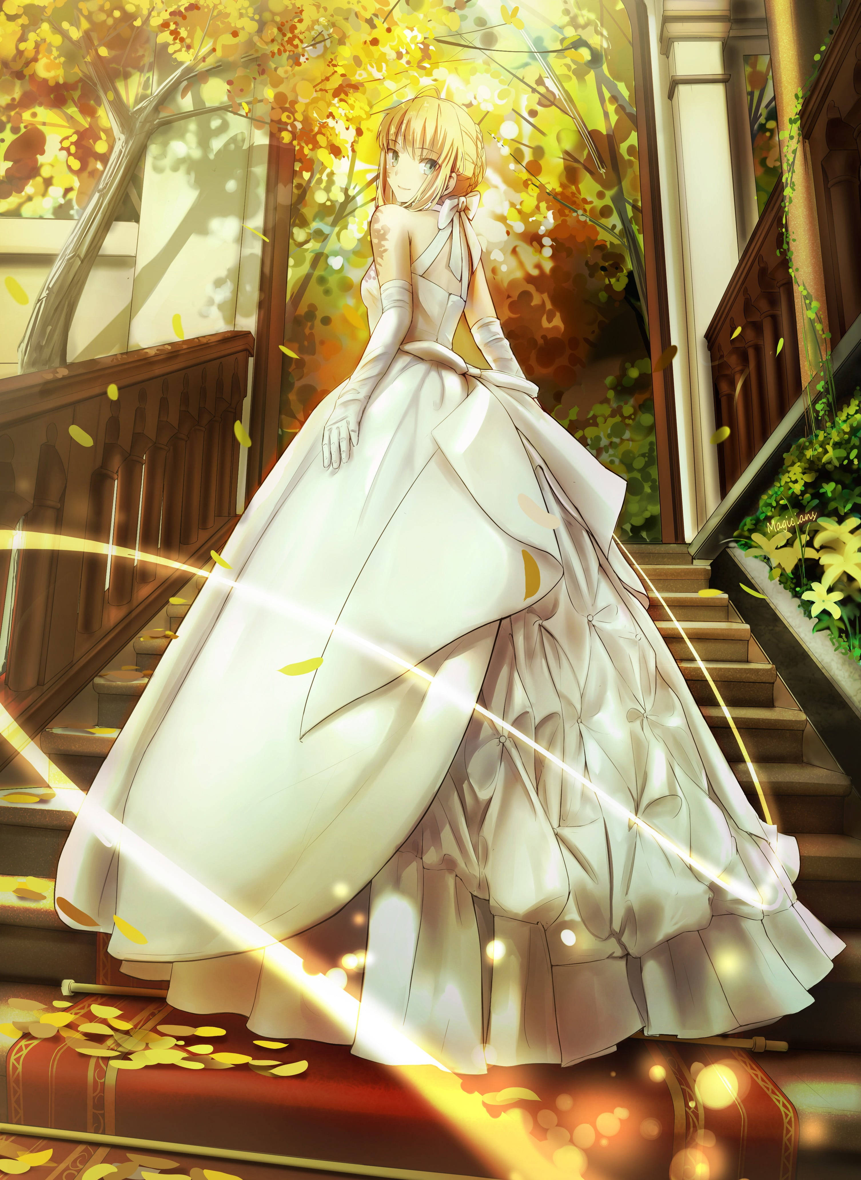 blonde anime girl, white gown, wooden staircase, 4K Phone Wallpaper