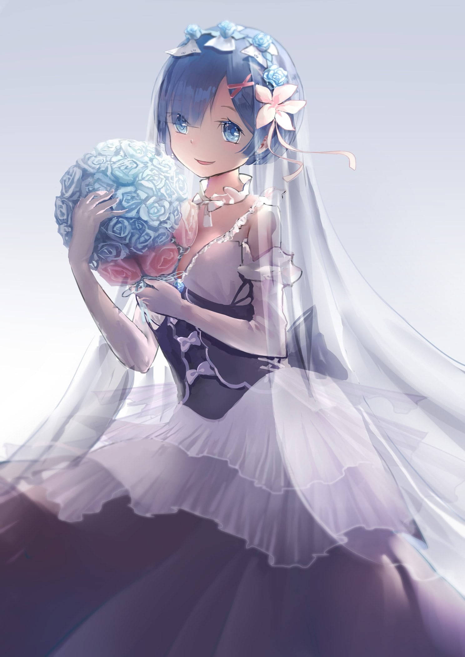 Anime Ruffles Wedding Dress, blue hair, veil, Full HD Phone Wallpaper