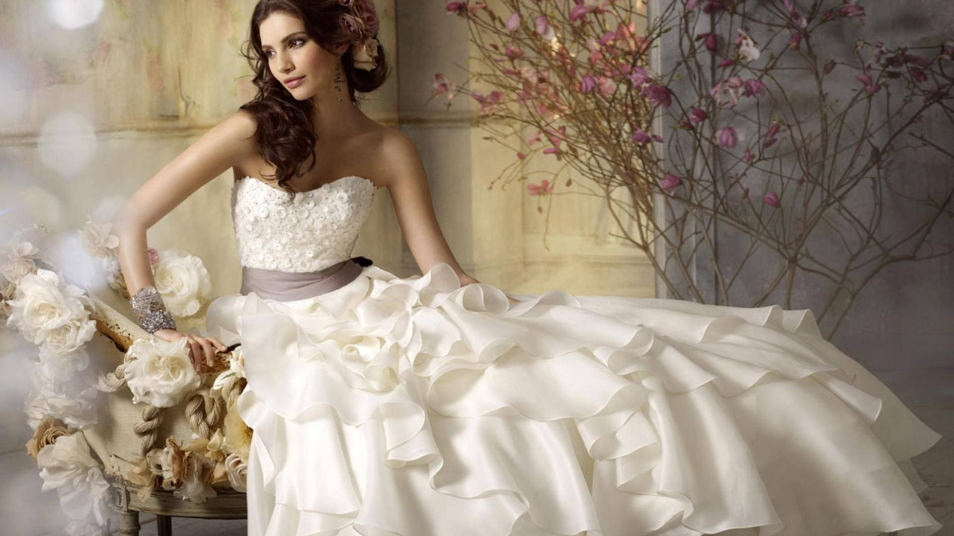 ruffled wedding dress, white ruffled wedding gown, floral arrangement, Full HD Desktop Wallpaper