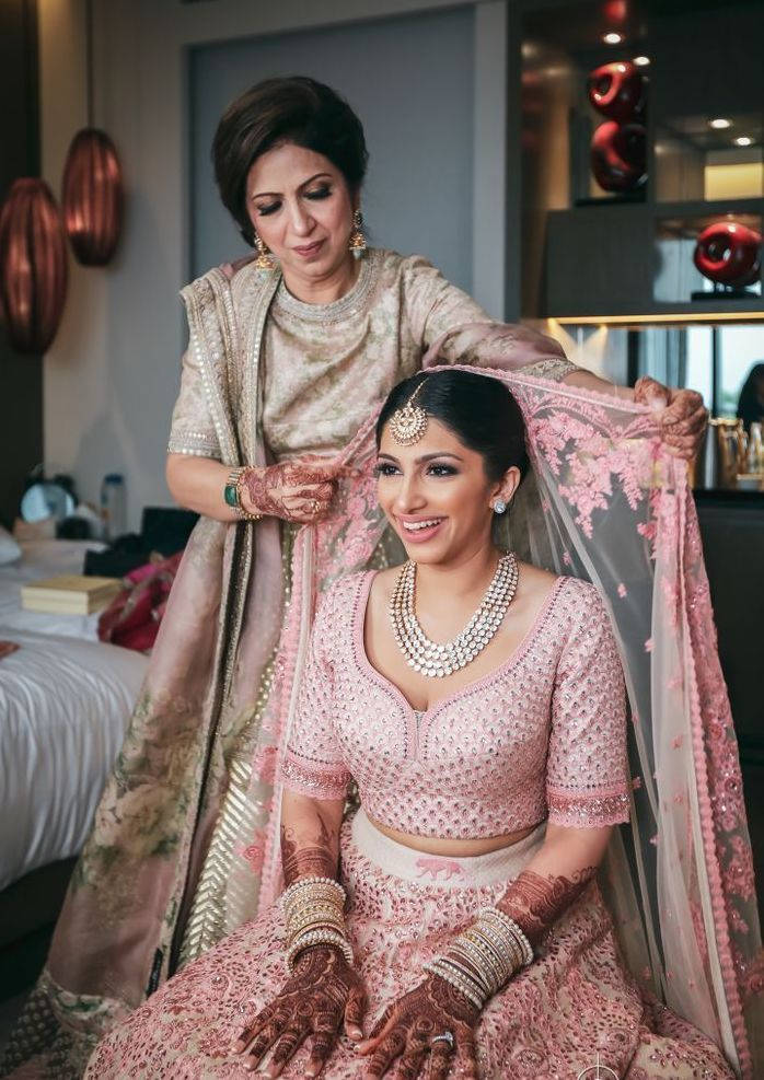 pink embroidered lehenga, floral veil, modern hotel room, SD Phone Wallpaper