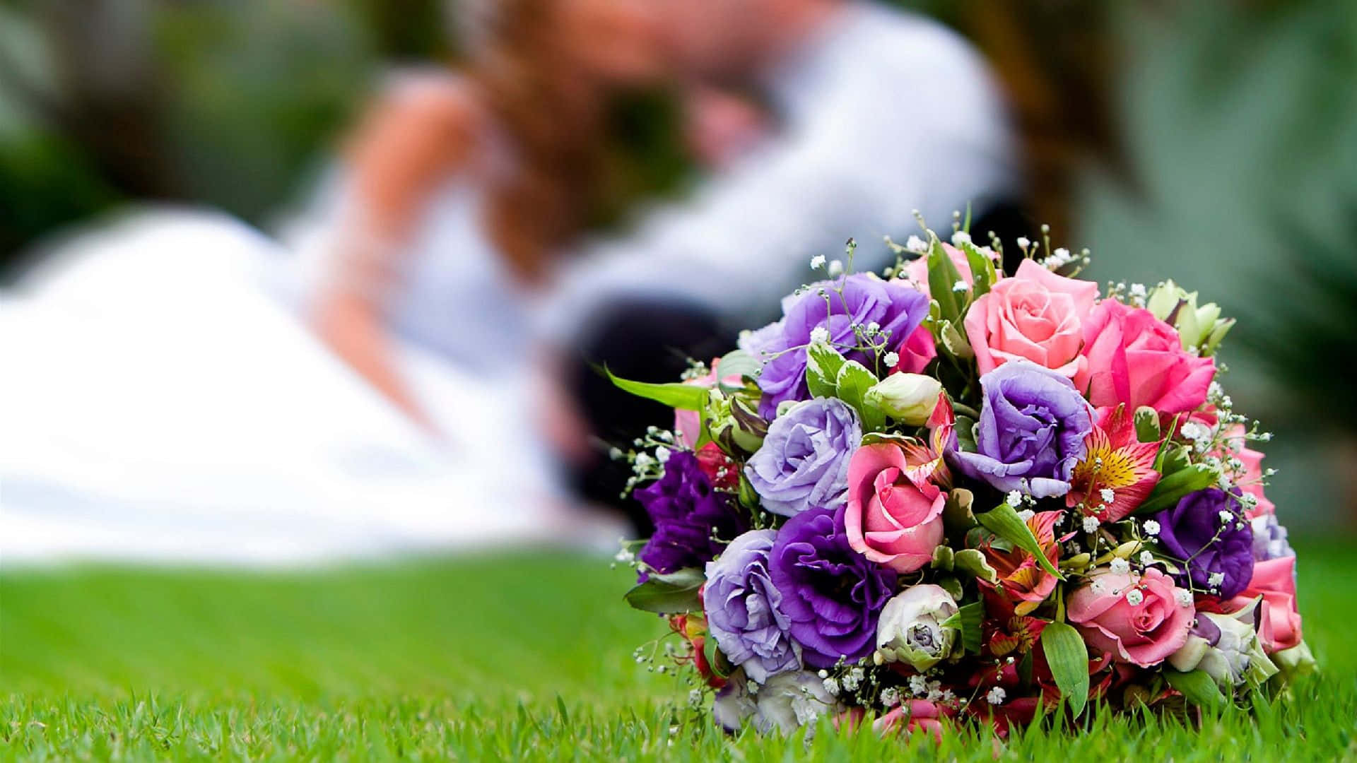 pink and purple roses, green grass, blurred couple kissing, Full HD Desktop Wallpaper