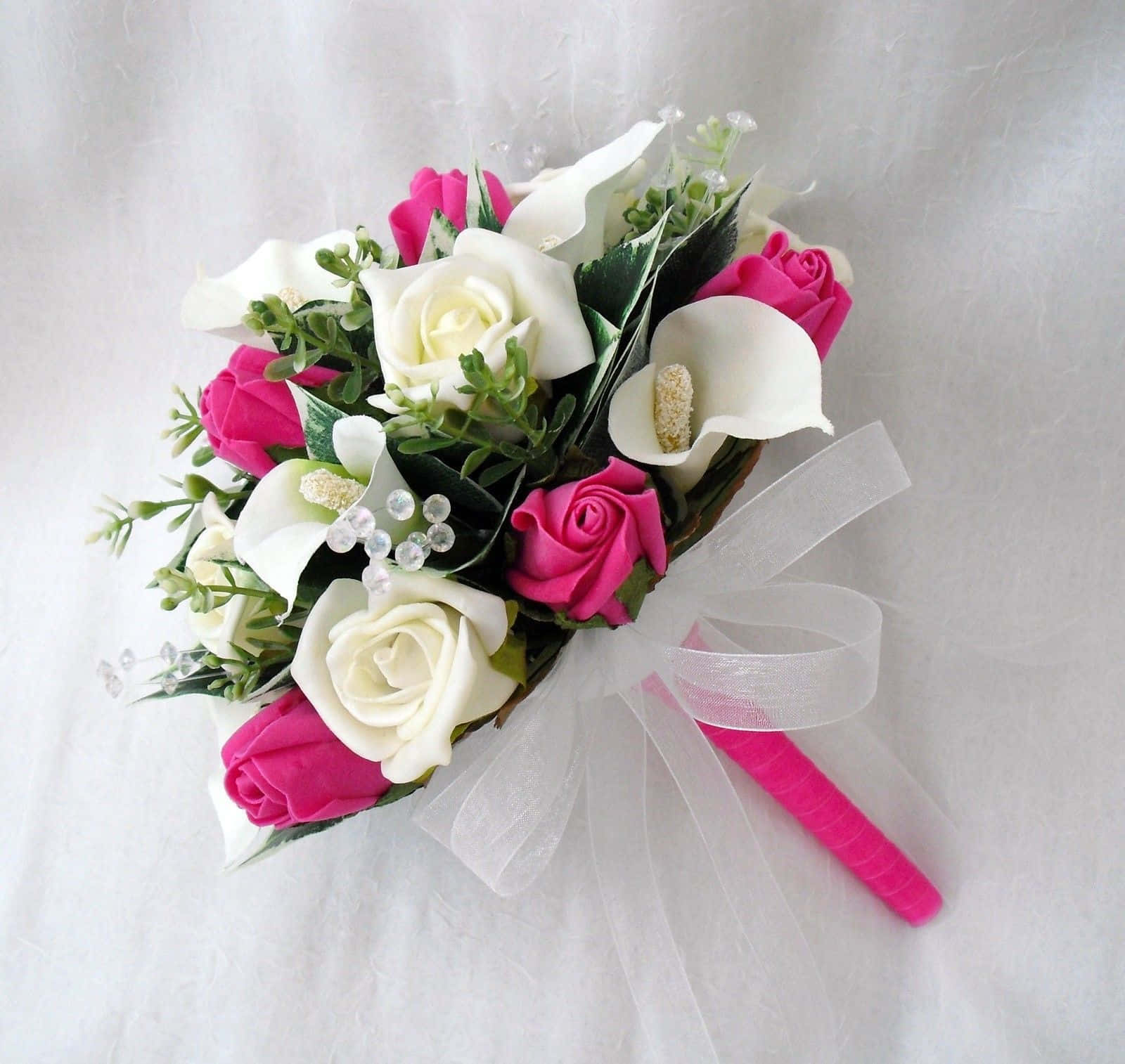 pink roses, white calla lilies, sheer white ribbon, HD Desktop Wallpaper