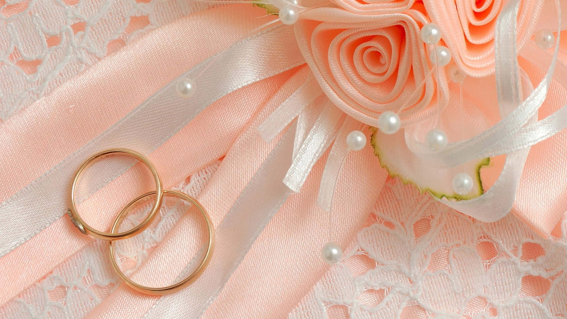 gold wedding bands, peach satin, white lace, Full HD Desktop Wallpaper