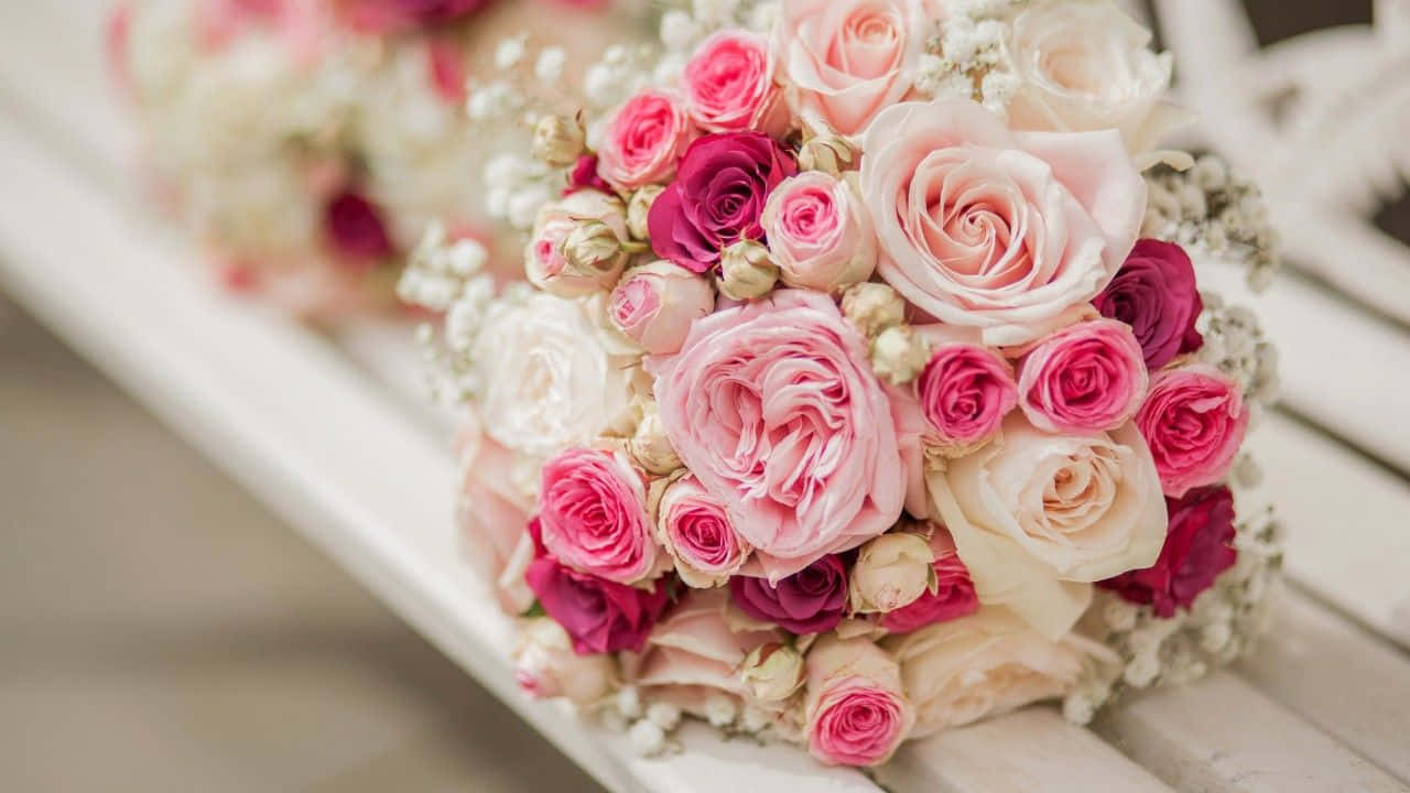 pink and white roses, baby's breath, white wooden surface, HD Desktop Wallpaper