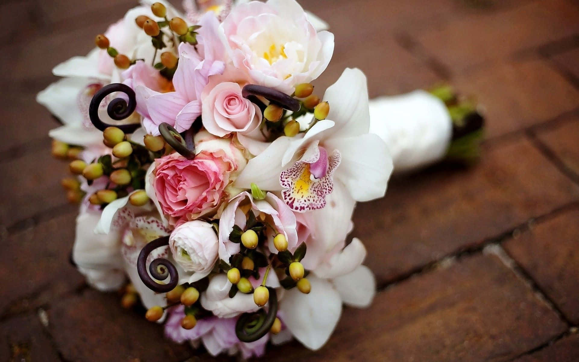 pink roses, white orchids, yellow berries, Full HD Desktop Wallpaper
