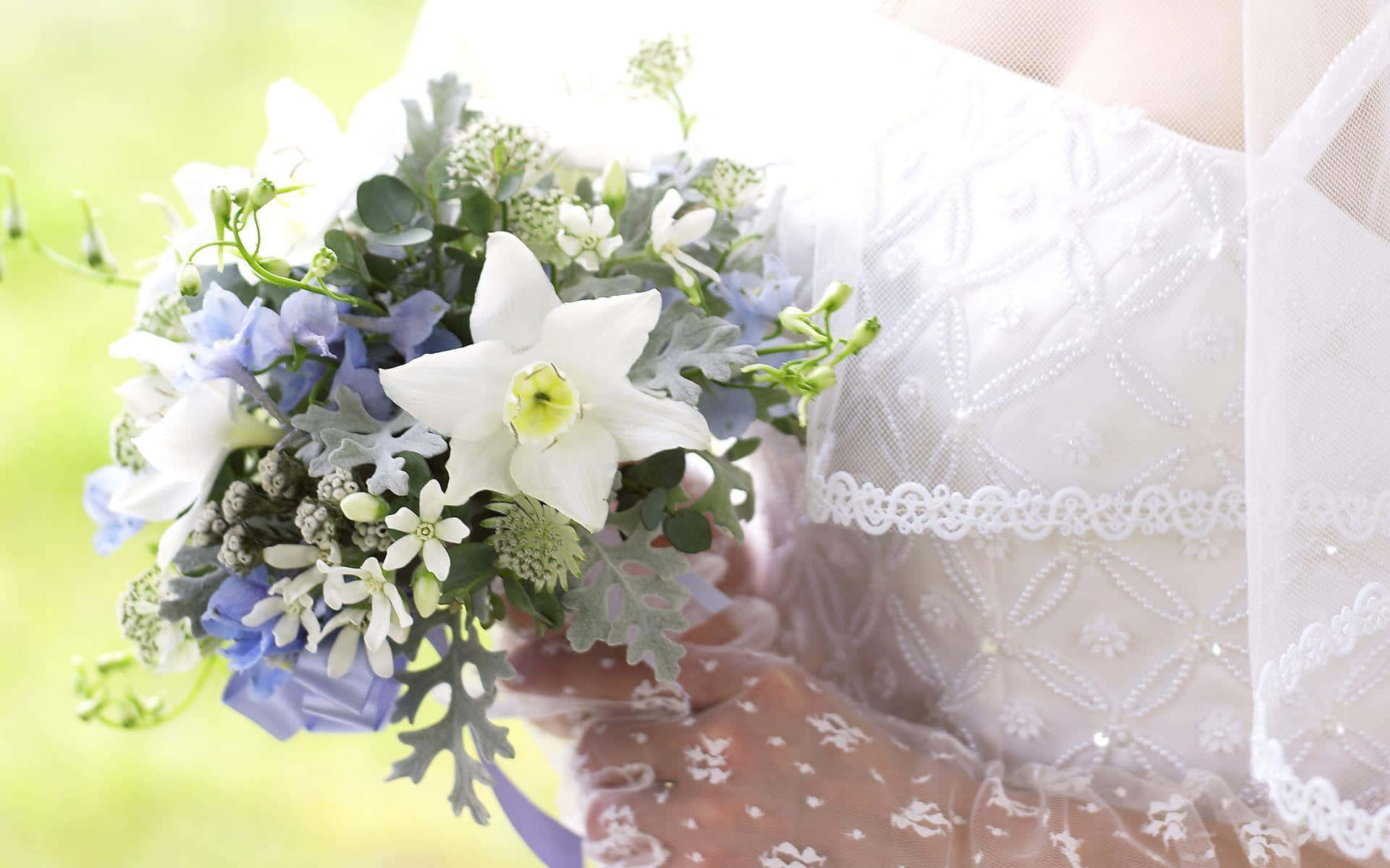 white lace, delicate bouquet, white and blue flowers, Full HD Desktop Wallpaper