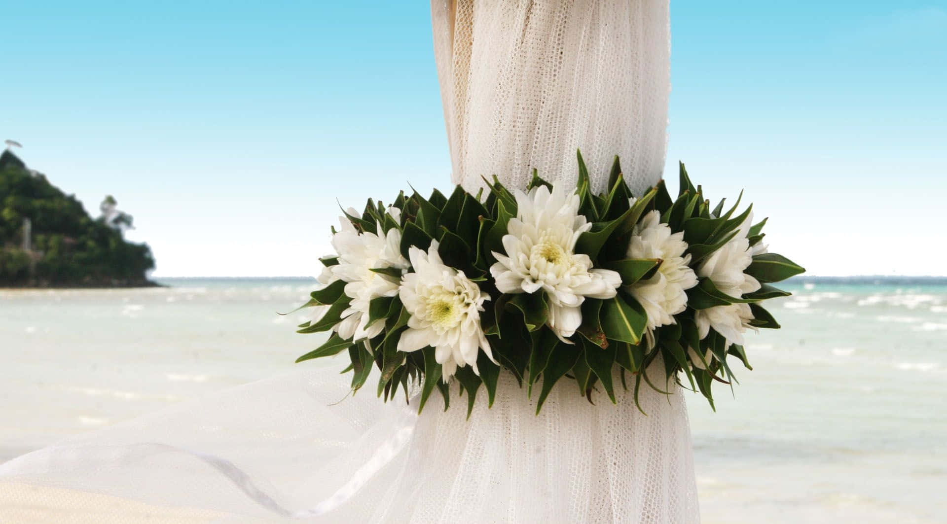 white floral wreath, sheer white curtain, serene beach scene, Full HD Desktop Wallpaper
