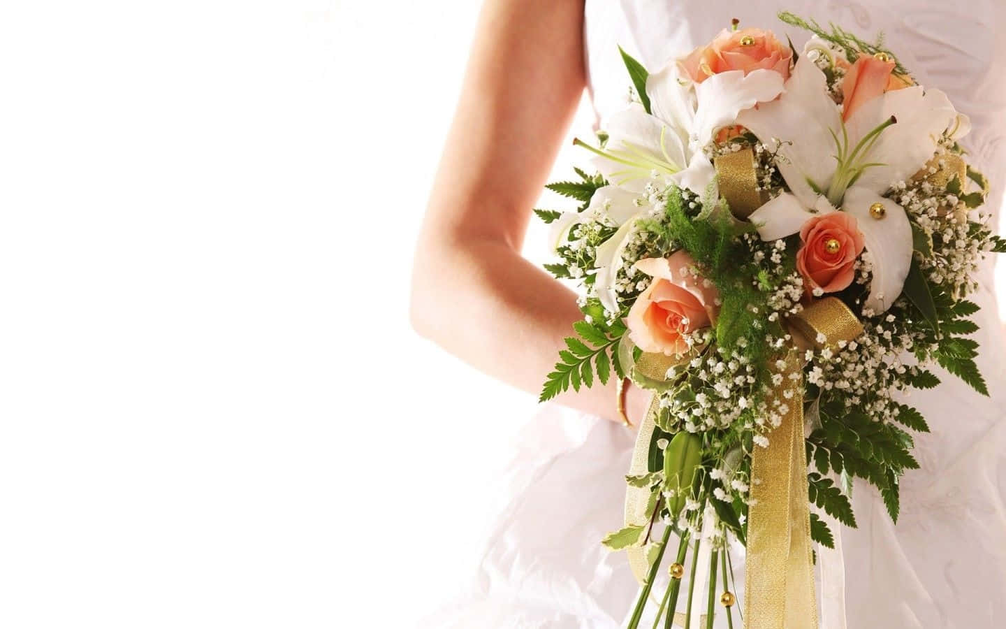white lilies, peach roses, greenery, HD Desktop Wallpaper