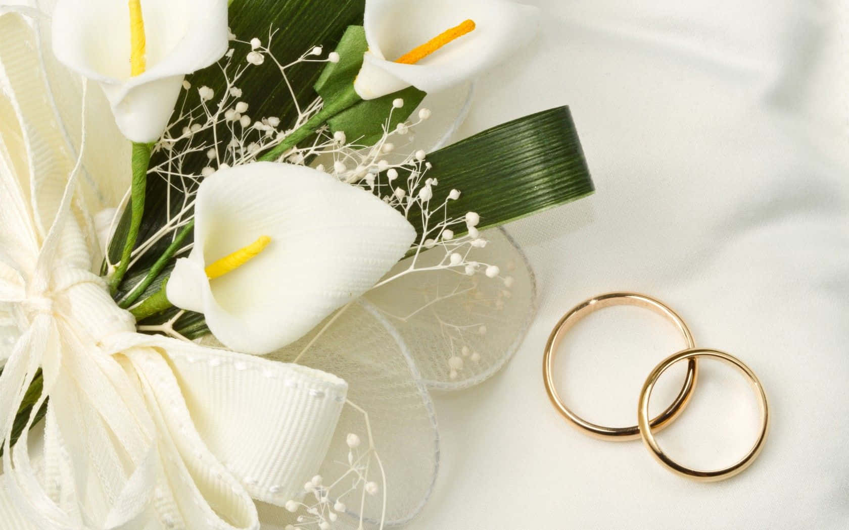 wedding flowers, gold wedding rings, white calla lilies, HD Desktop Wallpaper